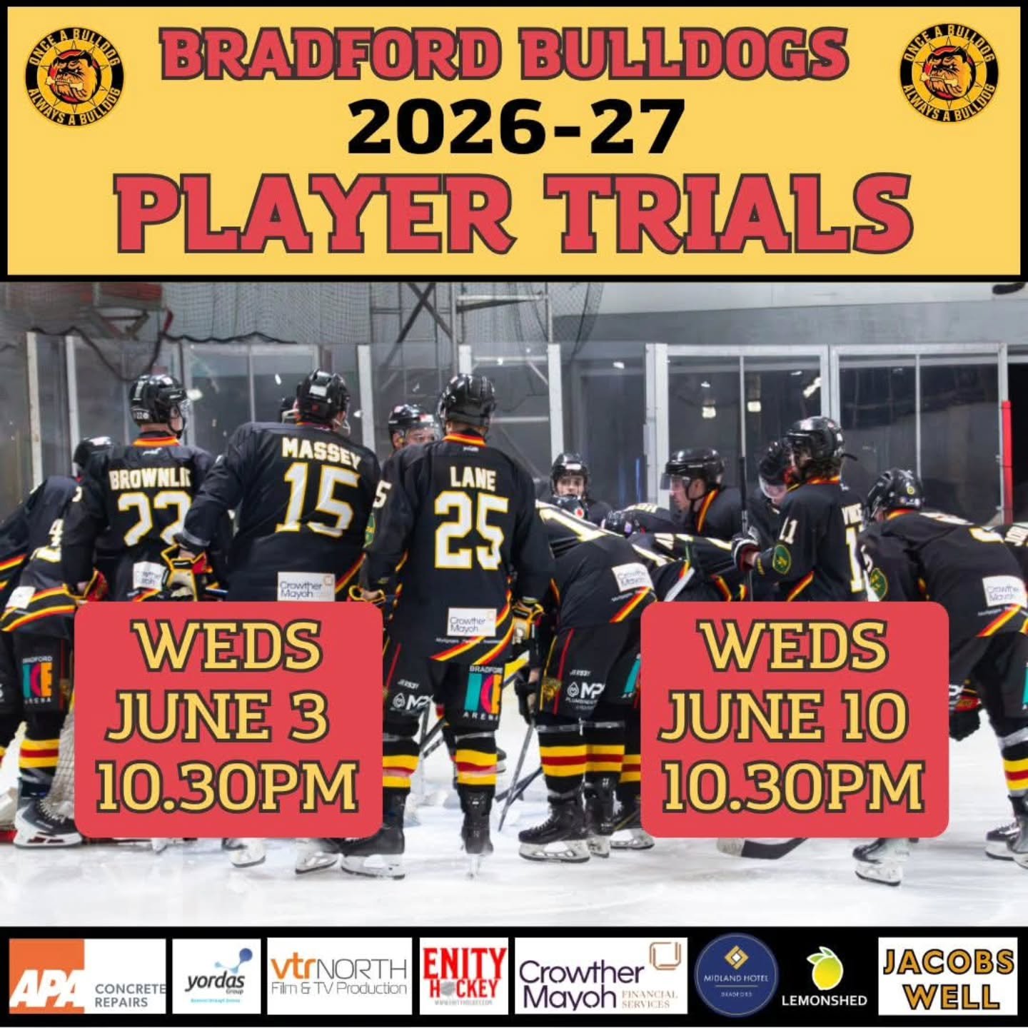 𝗧𝗥𝗜𝗔𝗟 𝗗𝗔𝗧𝗘𝗦! 

Thank you to 𝗘𝗩𝗘𝗥𝗬𝗢𝗡𝗘 who got in touch via our expression of interest form for Bulldogs' player trials ahead of the 2026-27 NIHL North Two season.

Our trial dates will be held at The Pound on Wednesday, 𝗝𝗨𝗡𝗘 𝟯 a