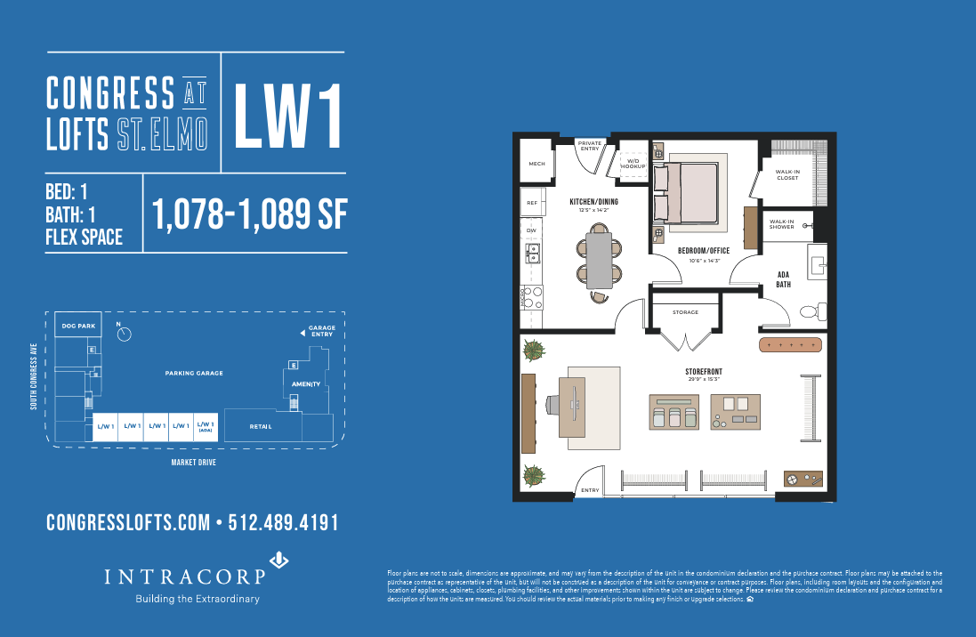 Floor plan of a one bedroom, one bath, street-level live/work residence at Congress Lofts. A dramatic entry sets the tone with expansive commercial-grade windows and lofty, industrial ceilings, giving the space an authentic warehouse feel perfect for