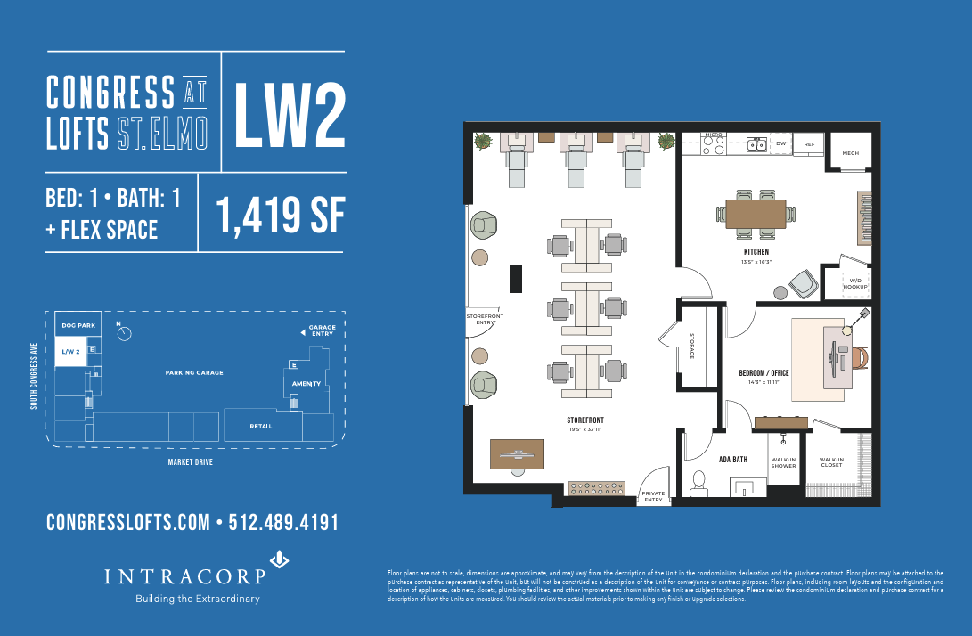Floor plan of a one bedroom, one bath, street-level live/work residence at Congress Lofts. A dramatic entry sets the tone with expansive commercial-grade windows and lofty, industrial ceilings, giving the space an authentic warehouse feel perfect for