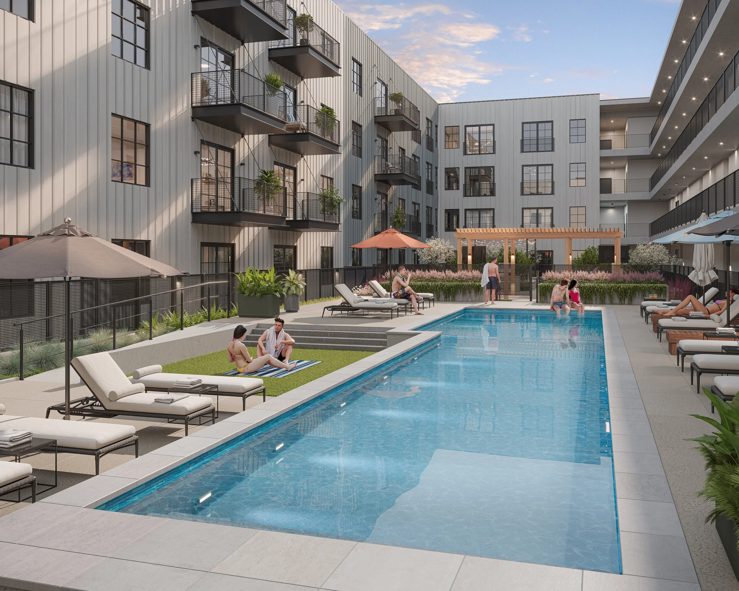 Apartment complex courtyard with a swimming pool, lounge chairs, umbrellas, and people relaxing and socializing.