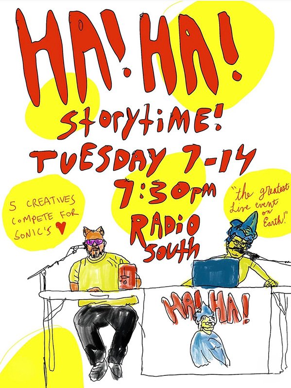 line drawing of men dressed as Sonic the Hedgehog and Crash Bandicoot emceeing a Ha! Ha! Storytime Event with yellow spotlights and red writing