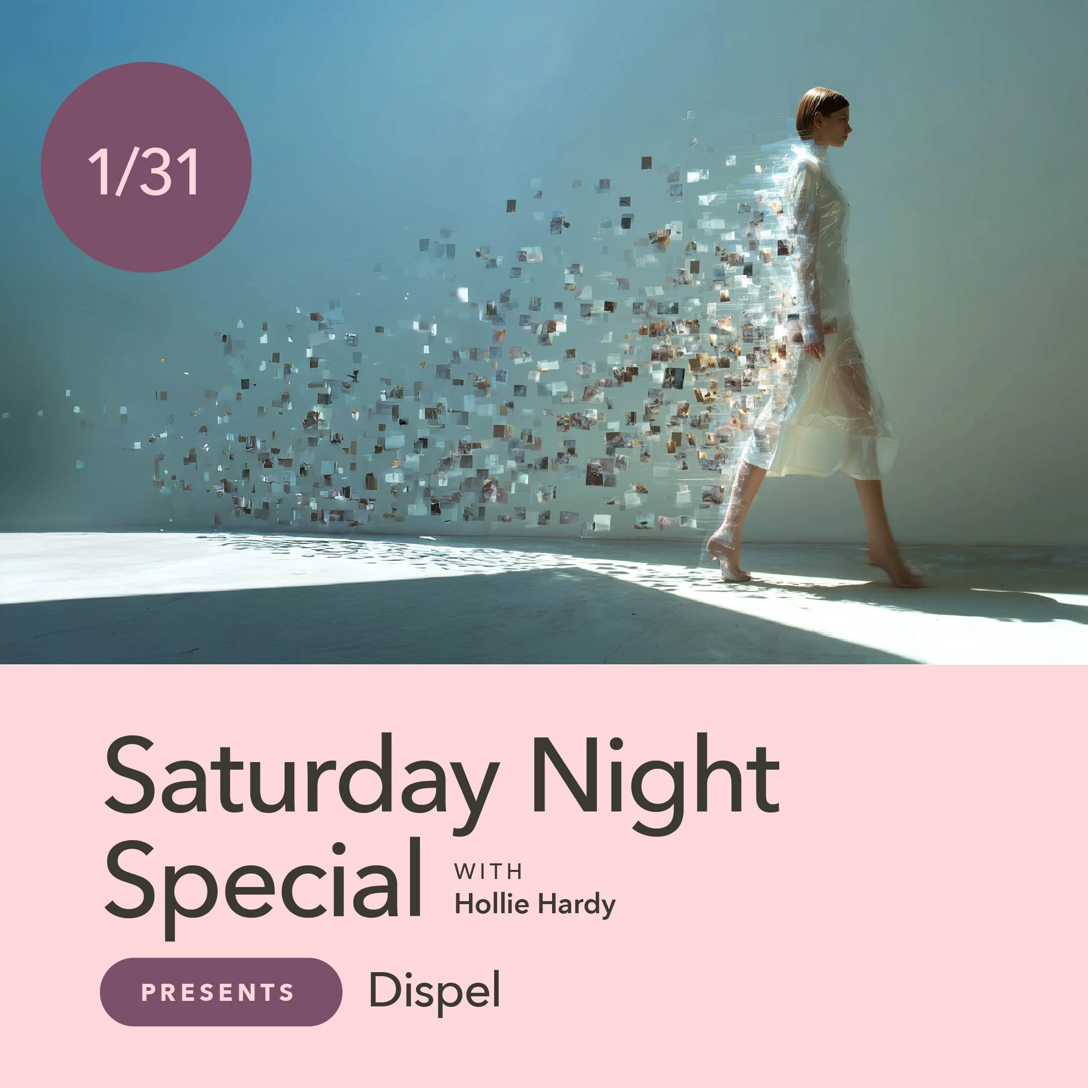 A surreal image of a woman walking, her dress dissolving into floating photo fragments, set against a minimalist background