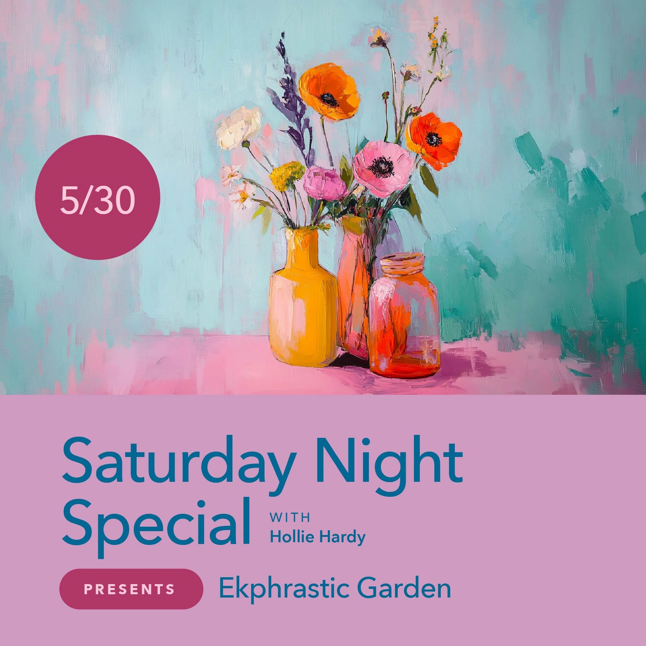 Vibrant painting of colorful flowers in bold vases against a turquoise background, showcasing expressive brushstrokes and lively colors.