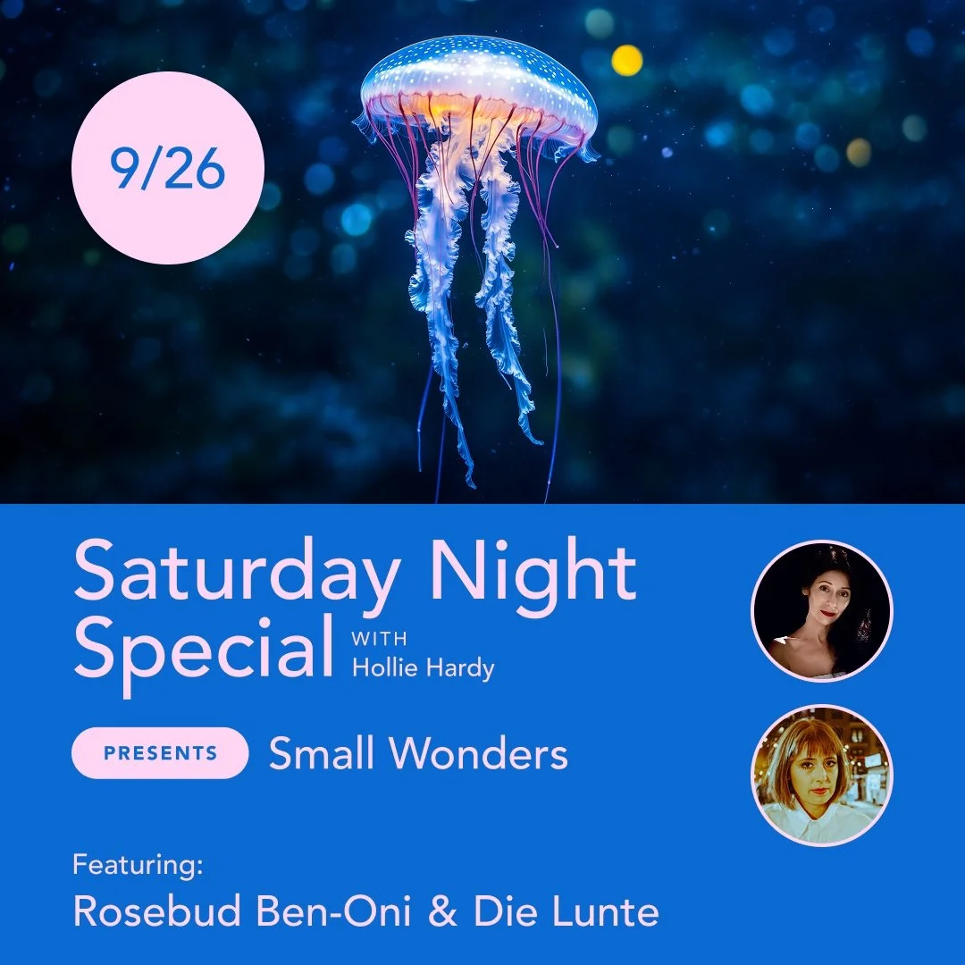 Stunning jellyfish with glowing spots and vibrant tentacles in a deep blue ocean, creating a magical underwater scene plus headshots of Rosebud Ben-Oni & Die Lunte and event info for Saturday night special with hollie hardy