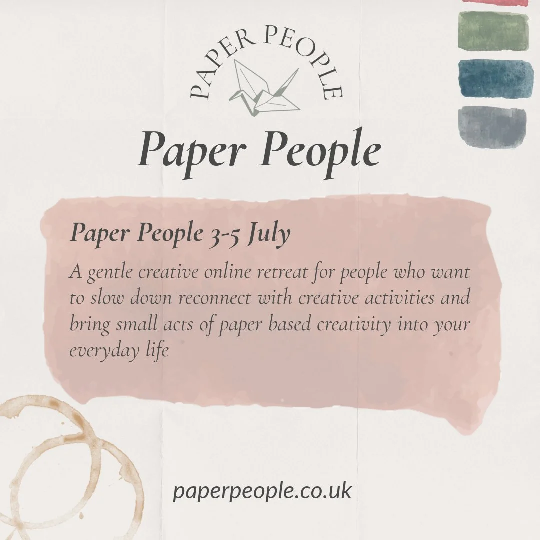 paper people flyer with origami bird logo and soft water color pallet with marks in coral, sage, blue, and gray and soft coffee cup stain in corner