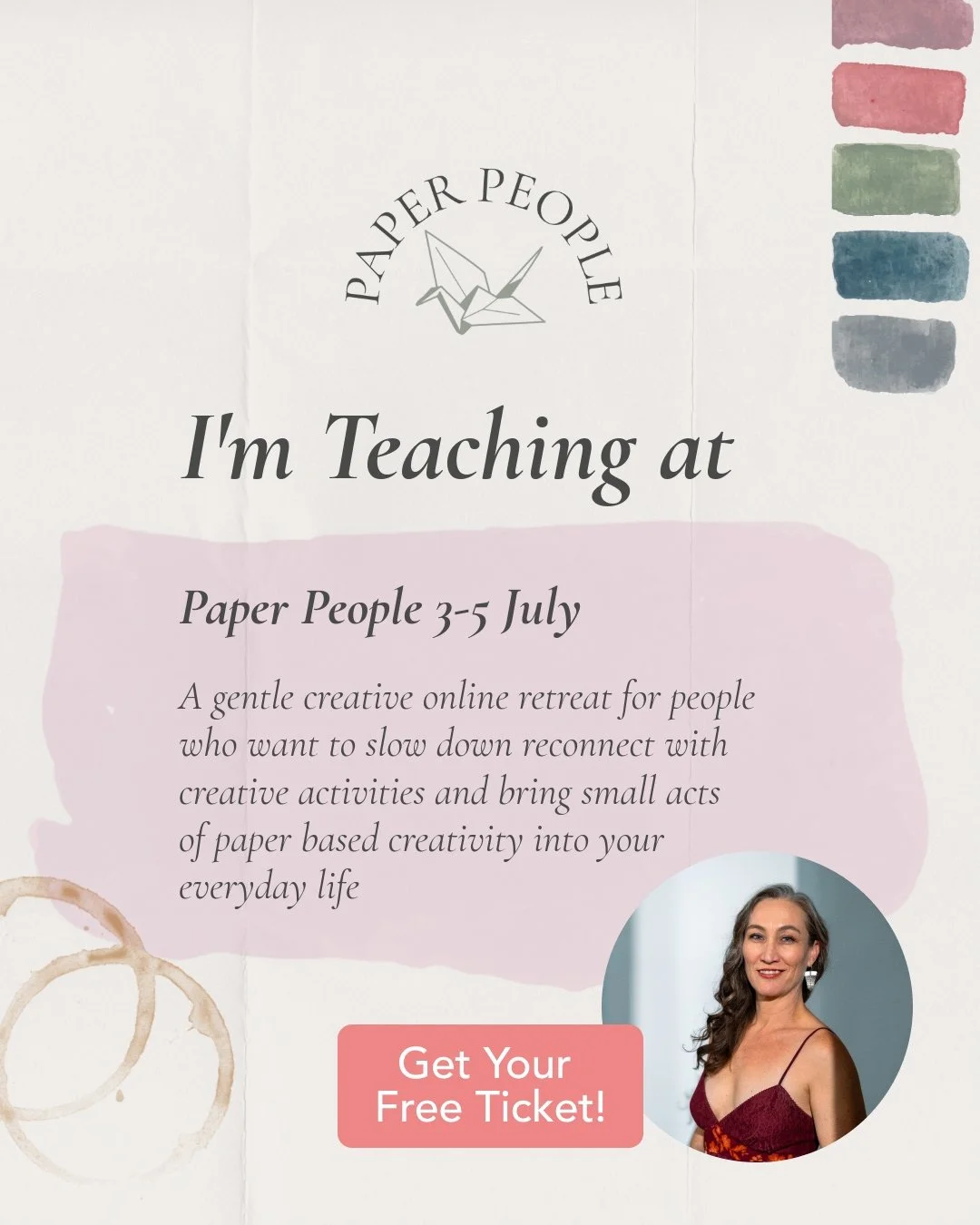 paper people flyer with origami bird logo and soft water color pallet with marks in coral, sage, blue, and gray and soft coffee cup stain and headshot of Hollie Hardy