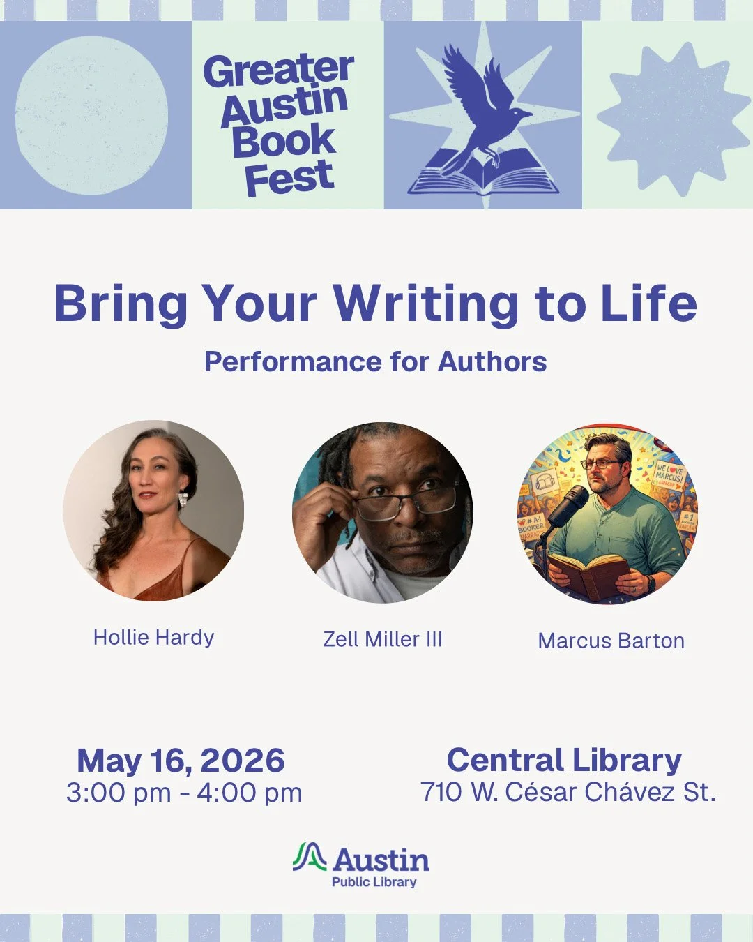 headshots of hollie hardy, zell miller III, marcus barton cartoon and flier info for performance for authors workshop at GAB Fest 2026