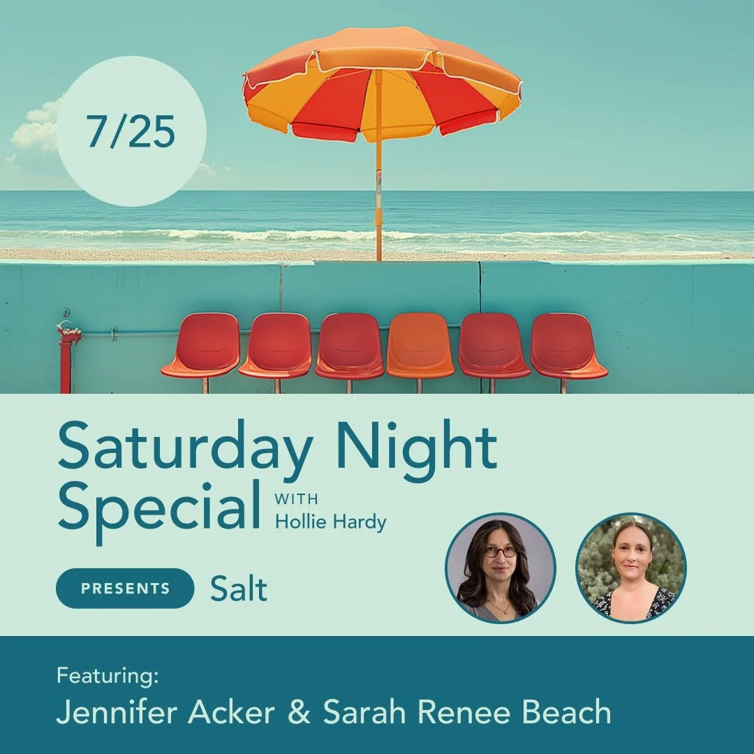 Retro beach scene with orange chairs, a colorful umbrella, and a serene ocean backdrop. Vibrant colors and nostalgic vibes. info for hollie hardy's saturday night special-a virtual open mic presents: salt featuring jennifer acker, Sarah Renee Beach