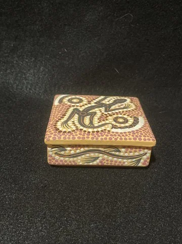 Aboriginal hybrid pottery, square lidded box, Aboriginal dot painted on sides and lid.~ 4" x 1 1/2" #AGPH30