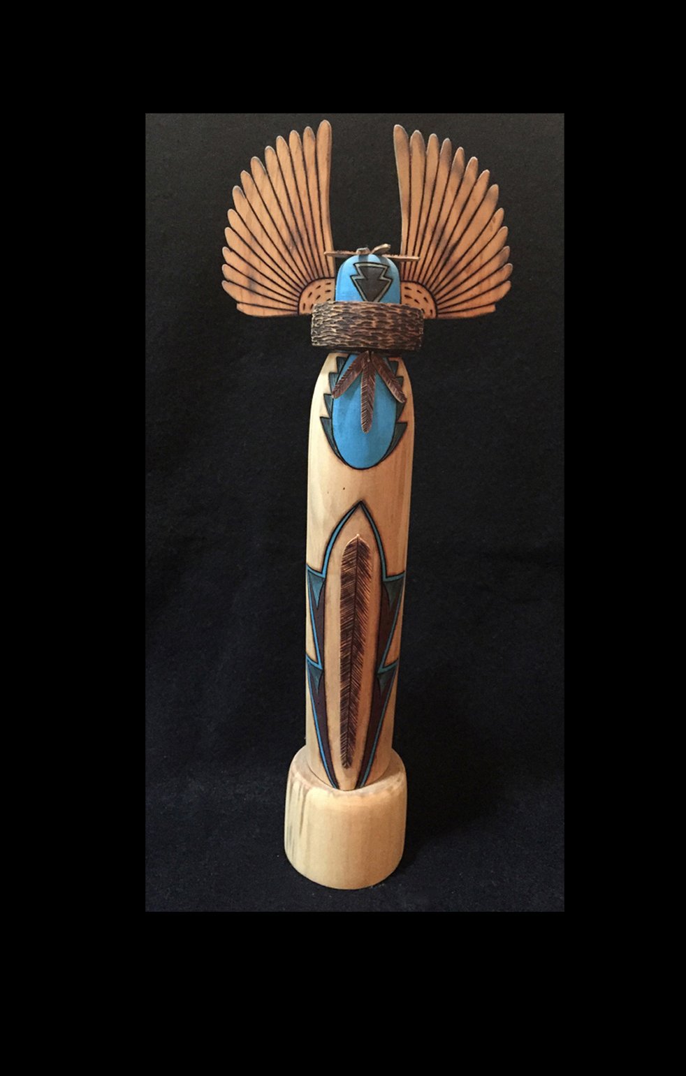 Zuni Lasiloo Crow maiden, cottonwood figure, with paint and burnt wire incisions. #AGDG97 ~ 15" x 5 1/2"