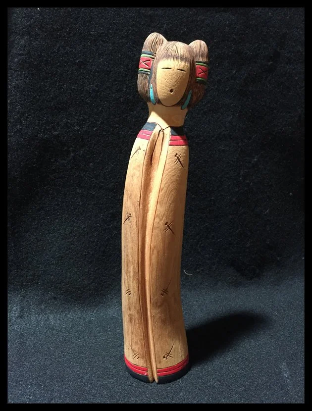 Zuni Al Lewis maiden figure, long-haired, from cottonwood. #AGDK03 ~ 13" x 2 1/2"