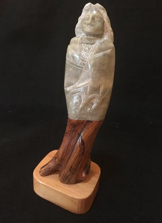 Navajo Jimmy Harvey marble chief carving on rootstock and wood base. ~8 1/2" x 3" #AGDJ15