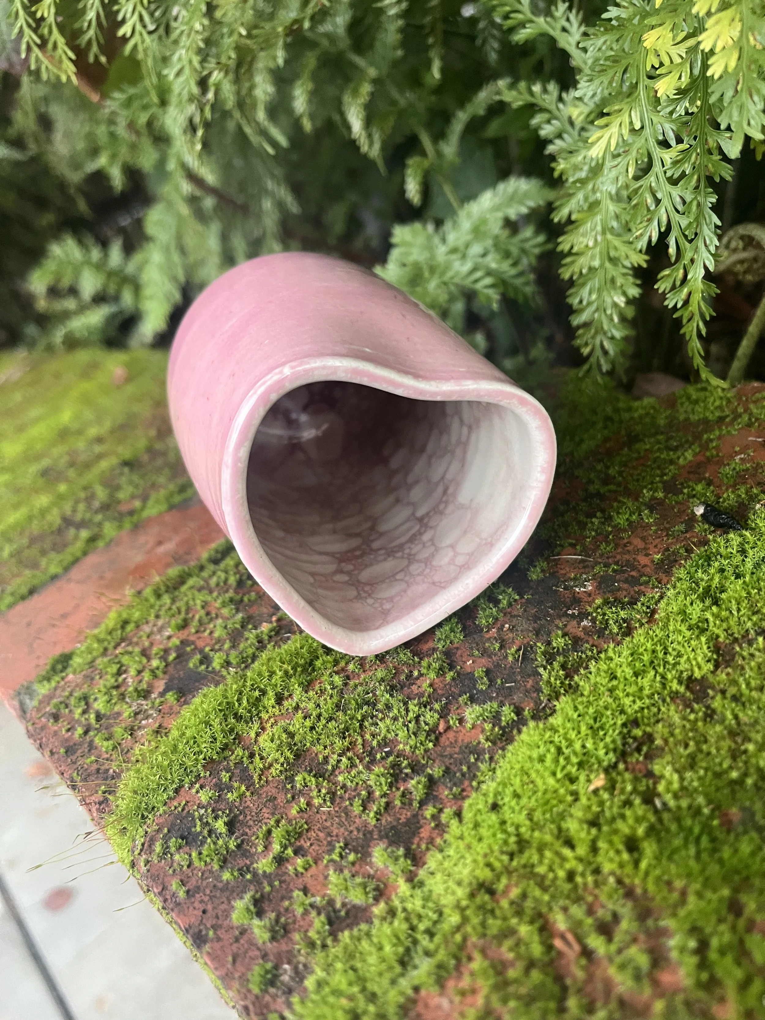 Large Handmade Pink Heart-Shaped Ceramic Cup with Bubble Glaze Interior