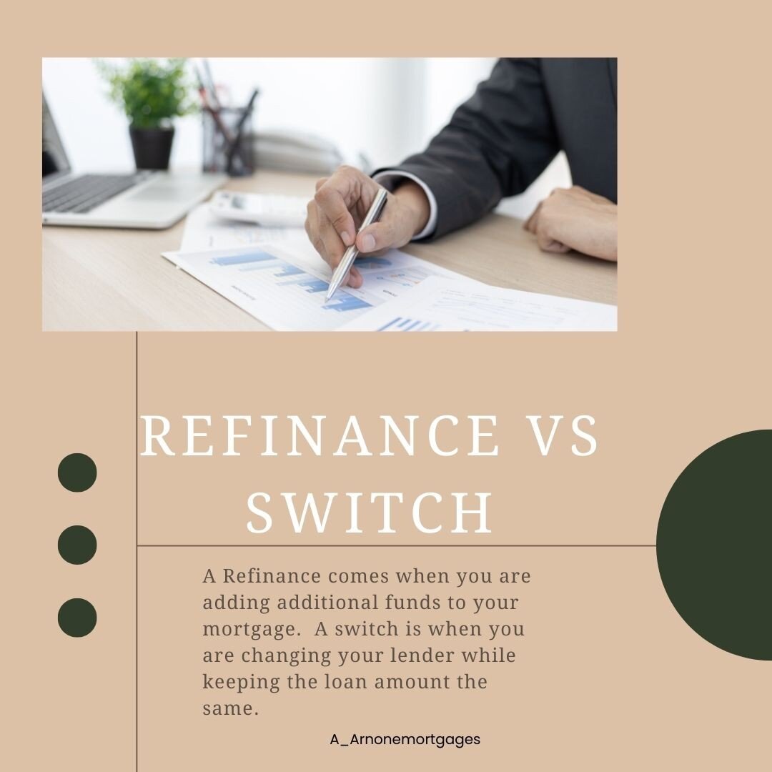 #mortgagemonday This time we are focusing on the difference between a Refinance and a Switch. A Refinance is when you are adding additional funds to the mortgage. You do not need to change the lender in order to perform this. A Switch is when you are