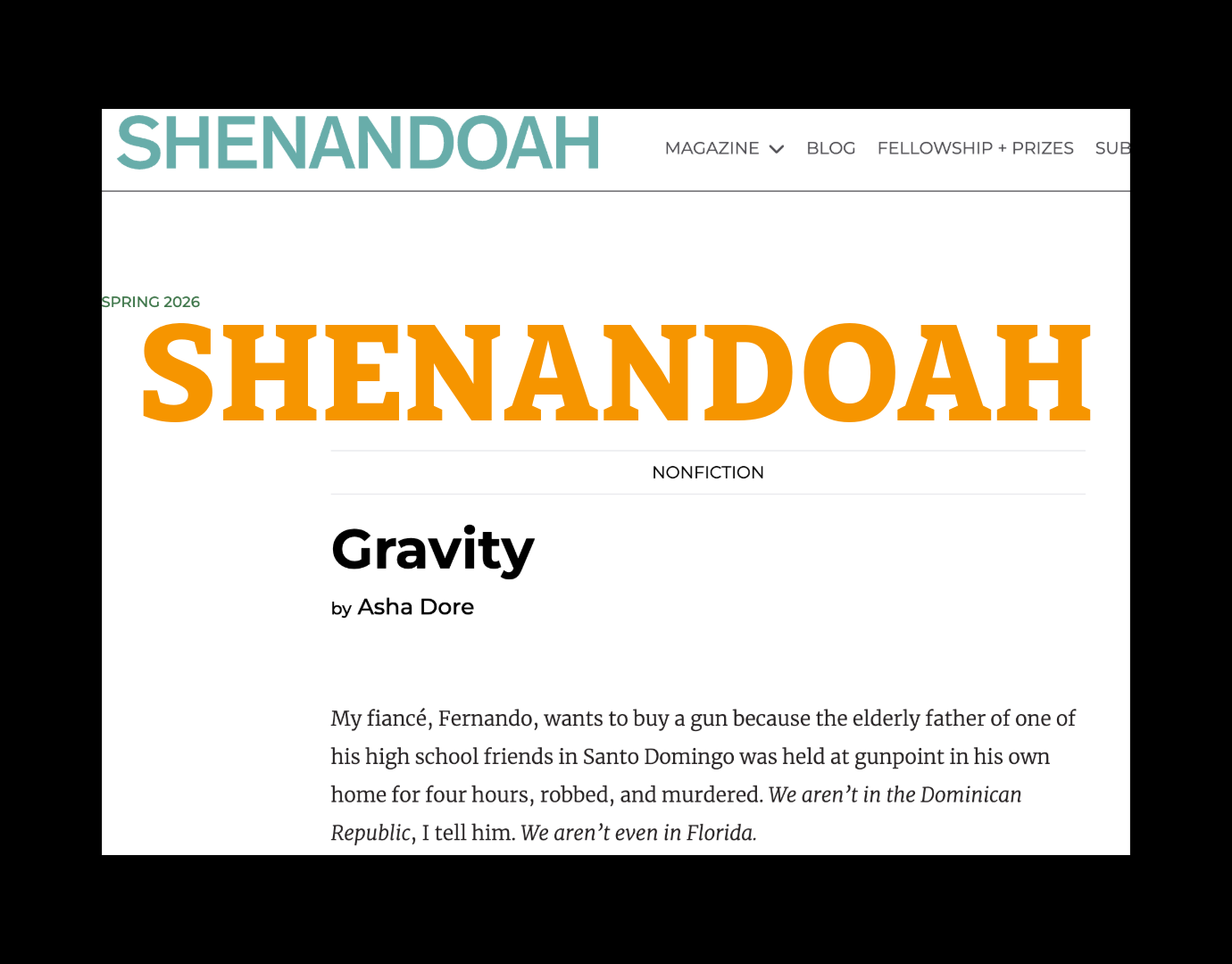 LITERARY ESSAY IN SHENANDOAH 2026