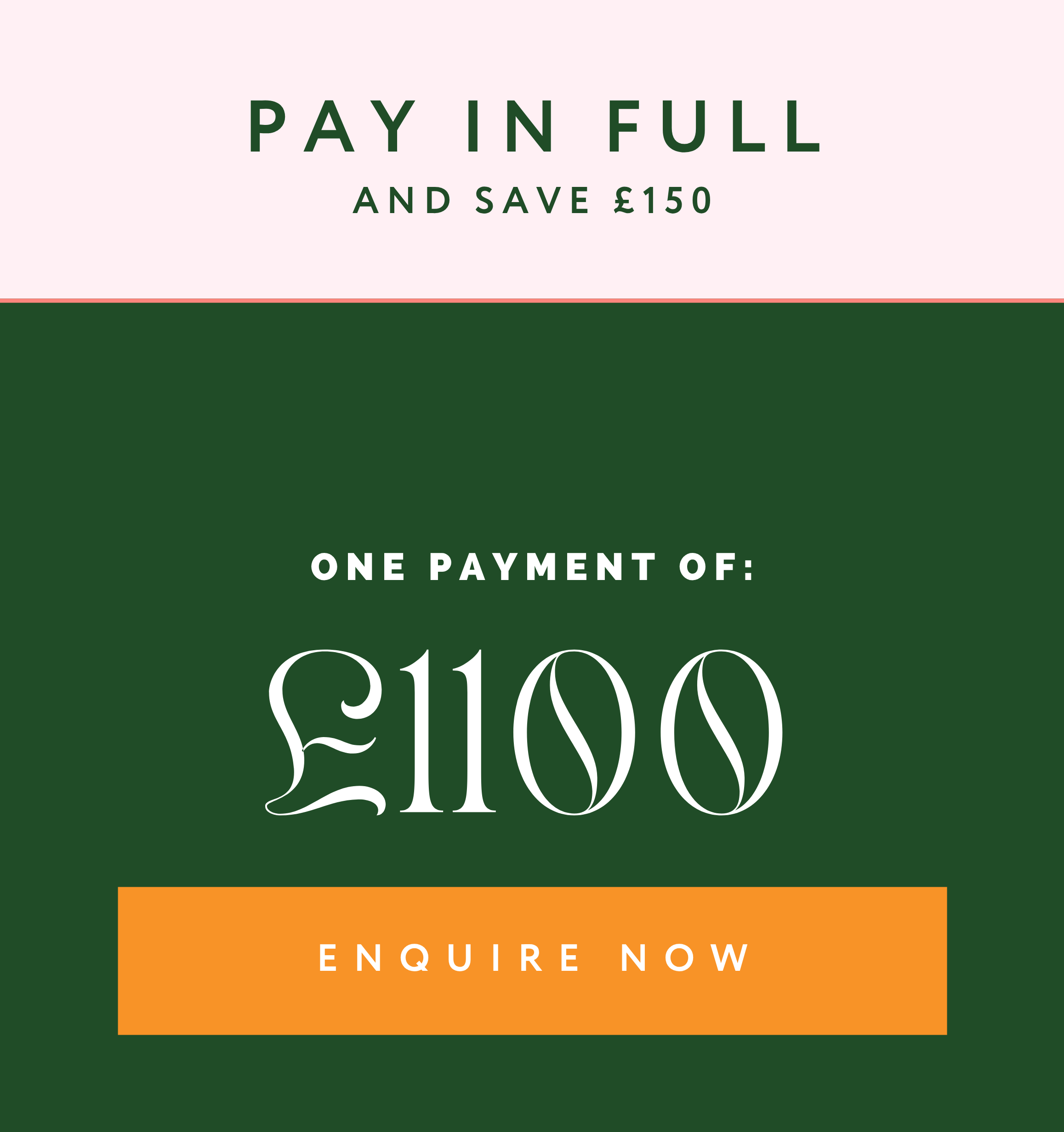 Image showing payment details when you pay in full for your Midlife Retreat. Price is £1100, saving £150 compared with a payment plan.
