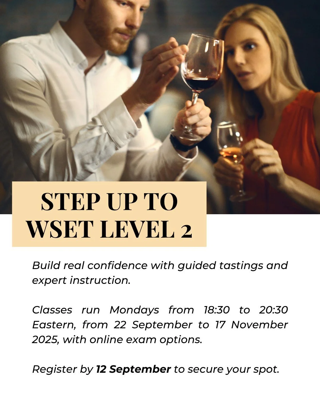 Ready to build real confidence in wine? 

Our WSET Level 2 course guides you through structured tastings, key grape varieties and classic wine styles so you can speak about wine with ease.

Classes run online with live expert instruction.

Join a com