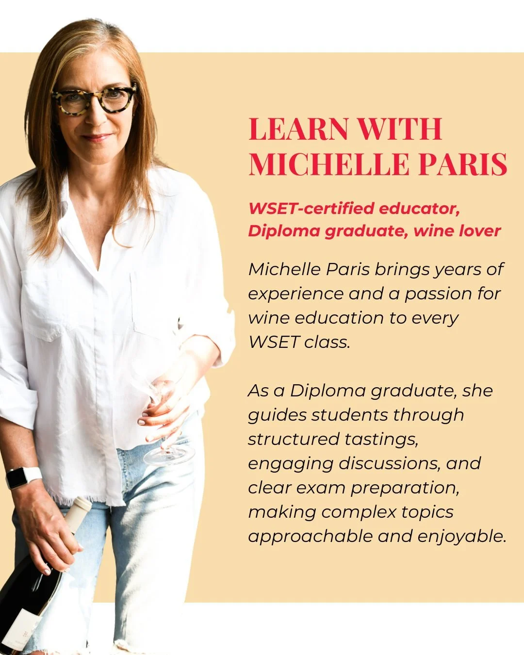Meet Michelle Paris @miche_paris, WSET-certified educator, Diploma graduate and passionate wine guide. 

With years of experience, she makes complex topics easy to grasp, leading students through engaging tastings and focused exam preparation.

Her a