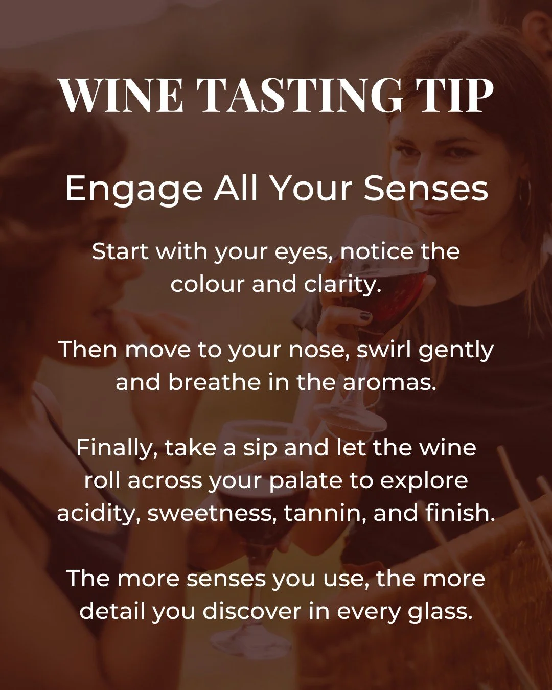 Tasting wine is about more than flavour.
Notice the colour, swirl and smell to uncover aromas, then sip and let the wine roll across your palate.
Look for acidity, sweetness, tannin and finish.
Using all your senses helps you discover more detail
