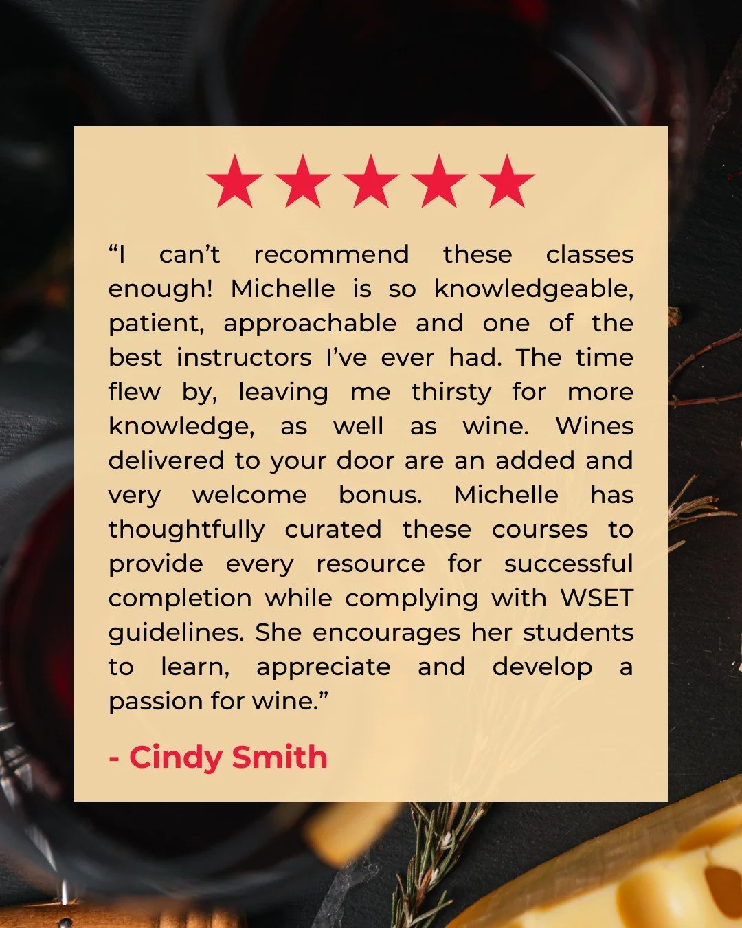 Five stars and the kind of feedback that makes us smile.

If you&rsquo;ve been curious about learning wine in a way that feels supportive, structured and actually fun, this is your sign. You do not need &ldquo;a fancy palate.&rdquo; You just need a m