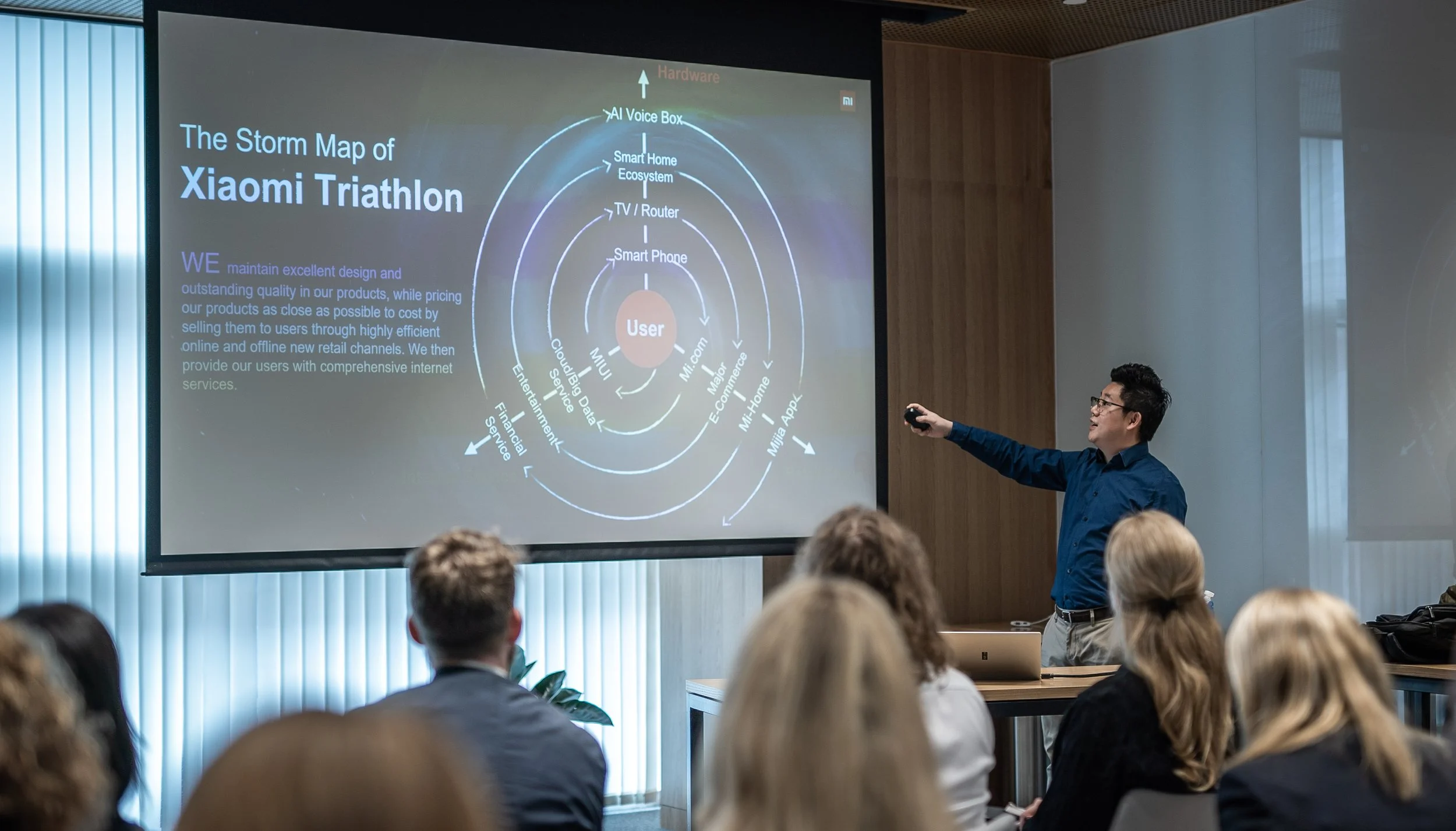 A man in glasses and a blue shirt giving a presentation to an audience about the Xiaomi Triathlon. The slide behind him shows a diagram titled "The Storm Map of Xiaomi Triathlon" with concentric circles and arrows connecting various devices and services such as Al Voice Box, Smart Home Ecosystem, TV/Router, Smart Phone, and the user at the center.