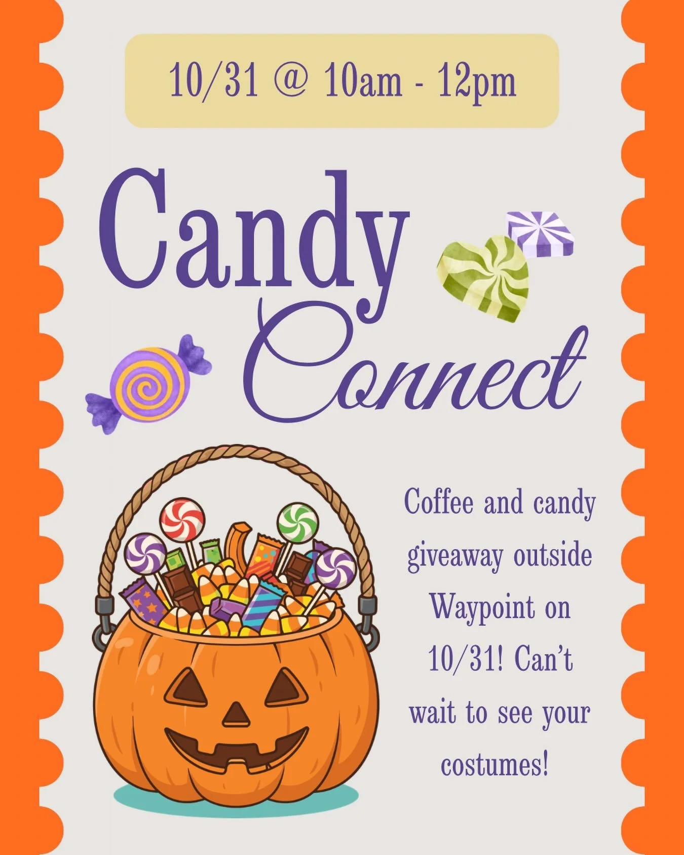 🎃🍬☕️ Come young, come old! We'll have coffee for grownups and candy for all, next Saturday (10/31), from 10am to 12pm in front of Waypoint Church! Stop by for a chat! We can't wait to see your costumes!