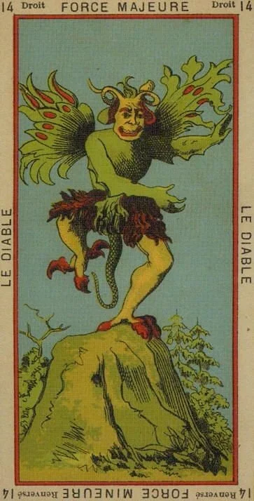 The Devil card from the Etteilla Tarot deck, designed by Jean-Baptiste Alliette (Etteilla).
