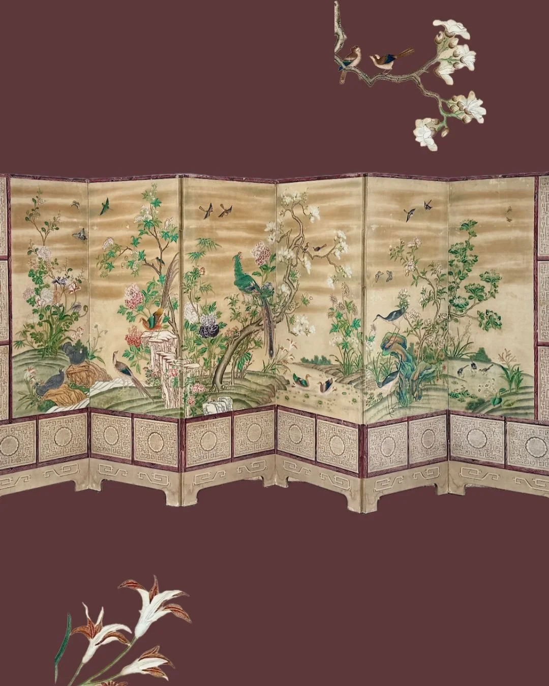 A garden unfolds across six panels&mdash;exotic birds, flowering branches, and quiet movement in every detail. Chinese export, circa 1920.
Look closely: every feather, every bloom&hellip;small moments layered into the scene.
DM for details. ✨

.
.
.
