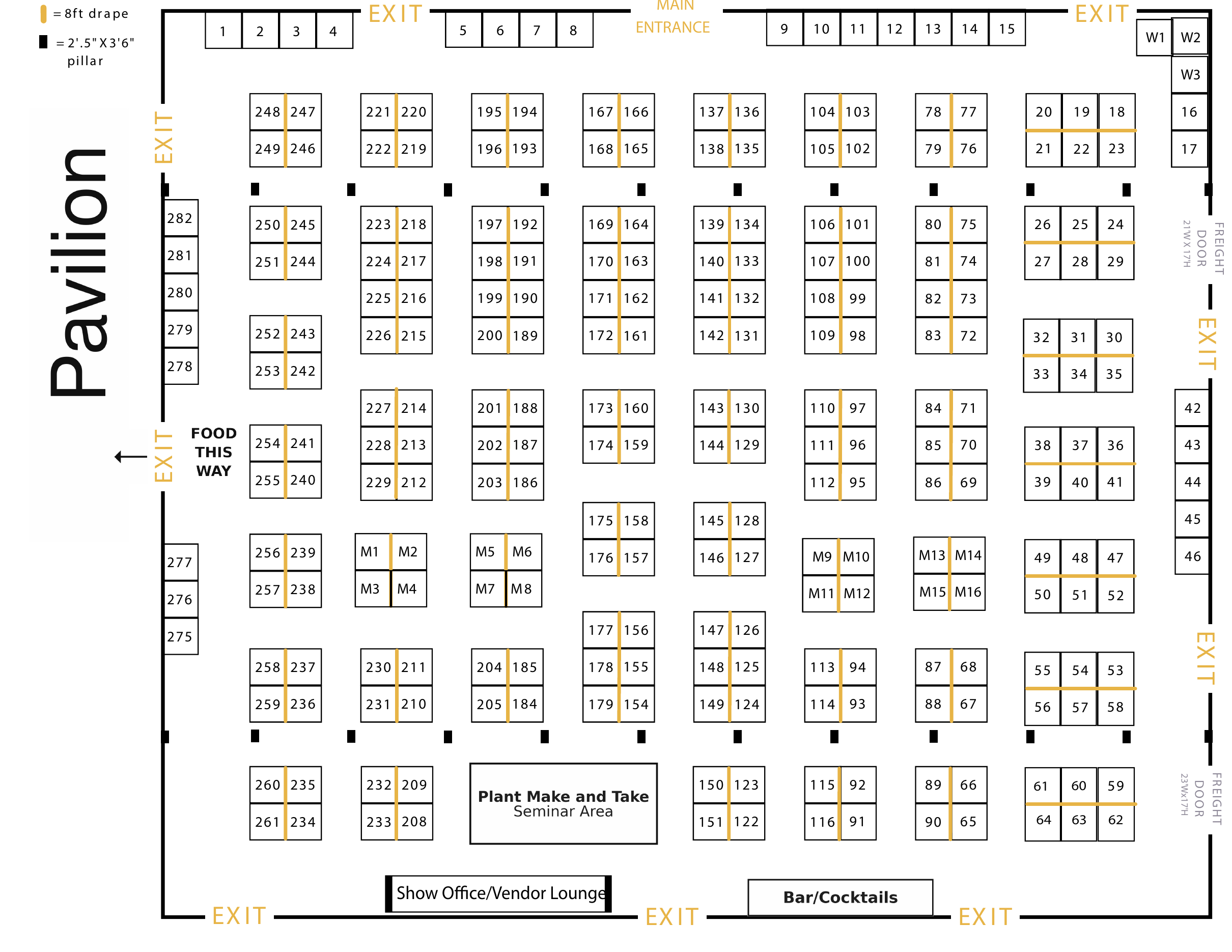 Sacramento Fall Home & Garden Show pavilion floor map showing exhibitor booth locations and the Plant Make and Take Seminar Area.