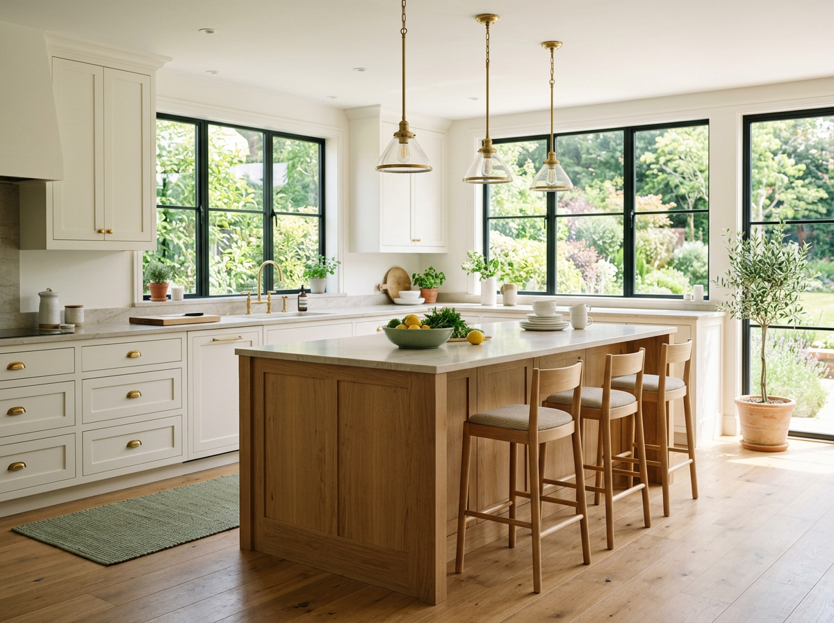 Bright modern kitchen with warm white cabinetry, natural oak island, stone countertops, and garden windows
