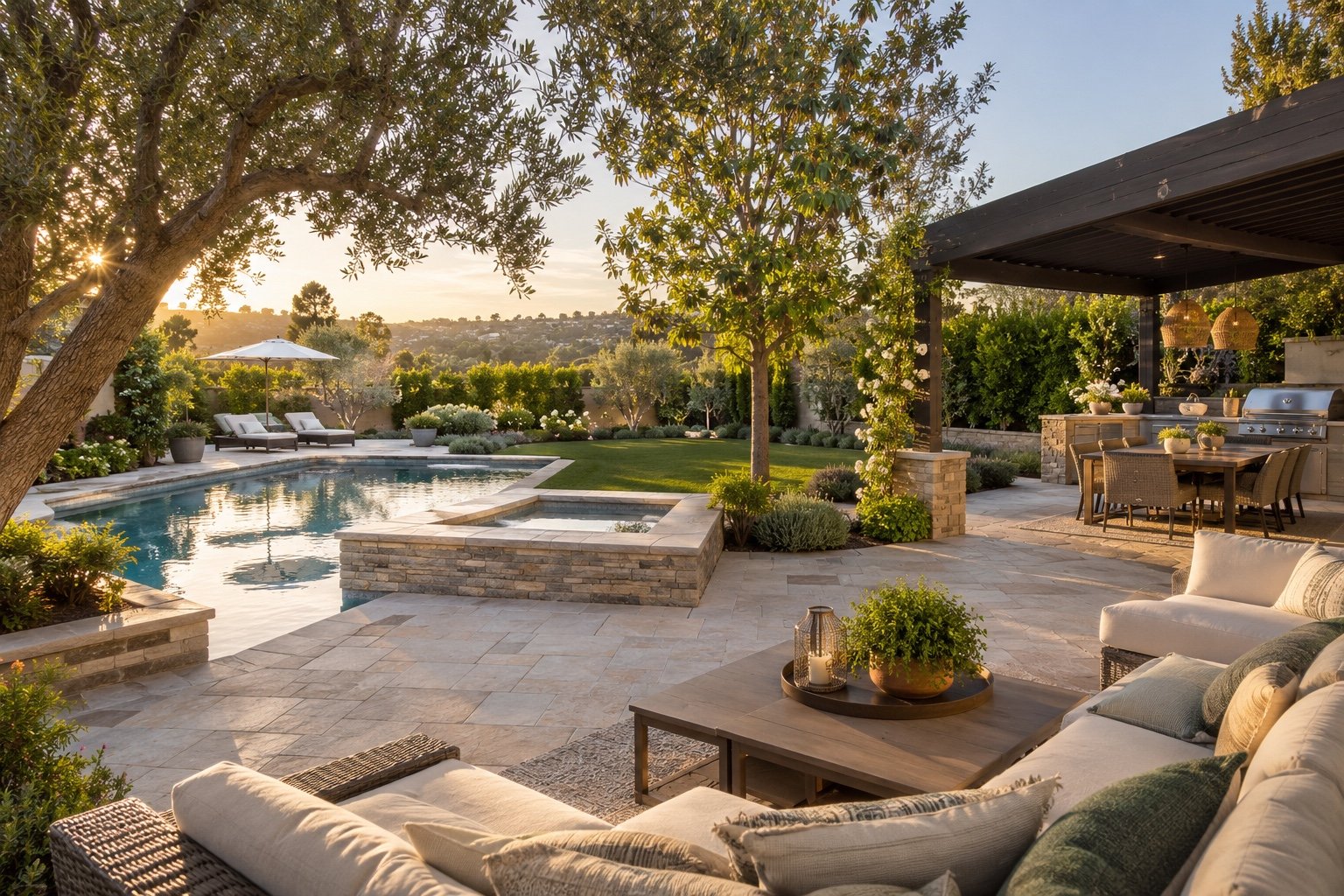 Backyard pool, patio, and outdoor kitchen at sunset