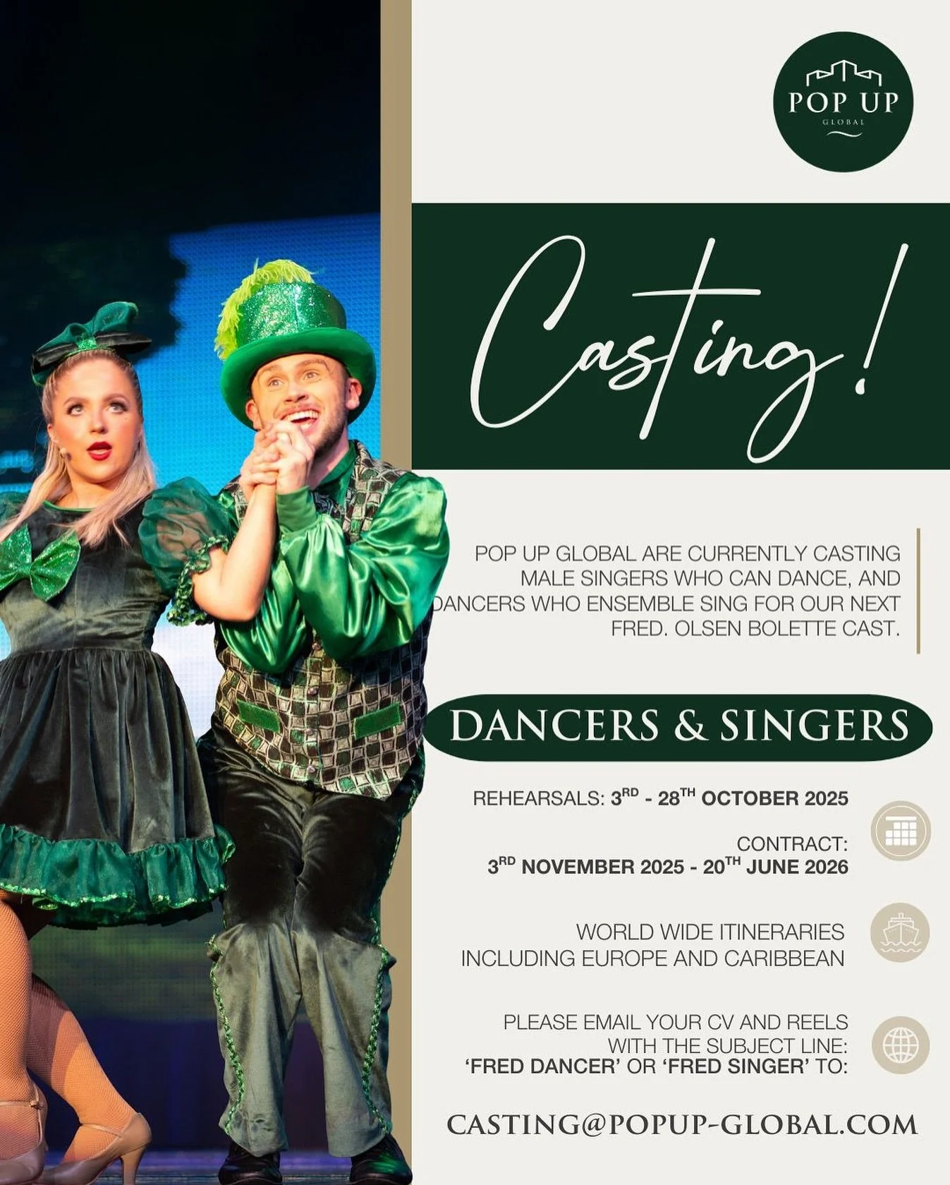🎤🕺🏼 CASTING 🕺🏼🎤 

MALE SINGER/DANCERS &amp; MALE DANCERS WHO ENSEMBLE SING - UK BASED ONLY 🇬🇧 

We are casting for our Fred. Olsen Cruise Lines Bolette cast for an exciting contract and itinerary!

We&rsquo;re specifically looking for:

🎤 Ma