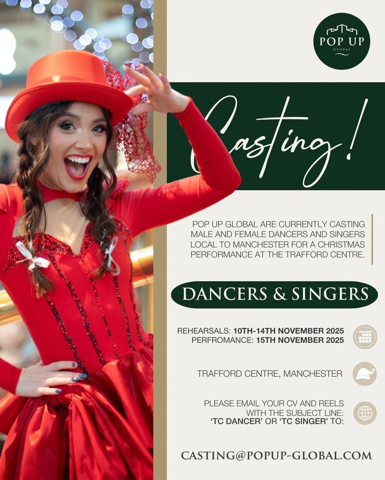 🎄✨ CASTING ✨🎄

MALE &amp; FEMALE DANCERS, MALE SINGERS &amp; MALE BREAKDANCER 🔥

We&rsquo;re casting for an exciting Christmas performance at The Trafford Centre, Manchester! 🌟

We&rsquo;re specifically looking for:
💃 Male &amp; Female Dancers
?