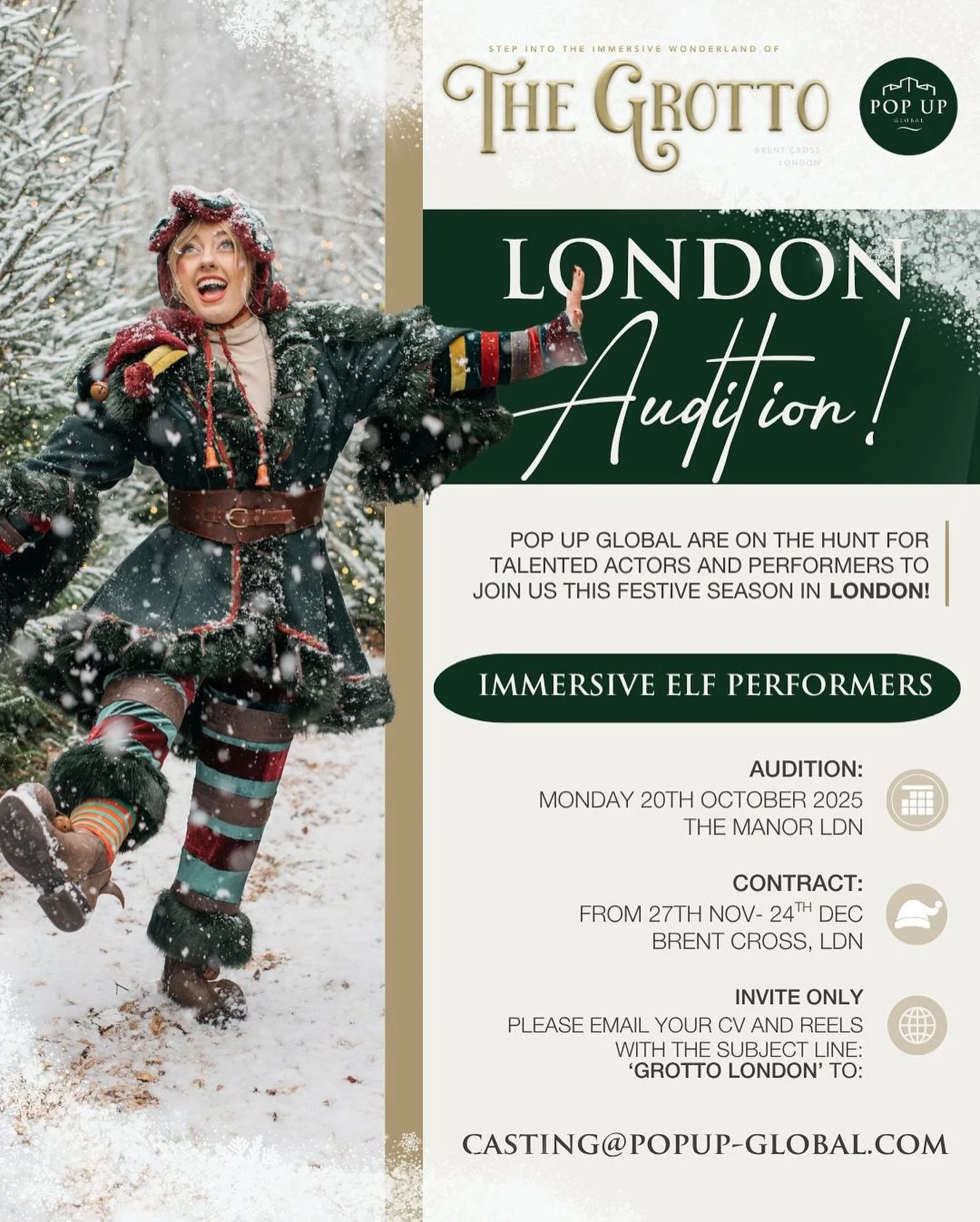 🇬🇧 LONDON AUDITION ANNOUNCEMENT 🇬🇧 

This Christmas, @creativeeventscollective_ are bringing the The Grotto experience to the capital and once again Pop Up Global will be delivering all of the entertainment 🎅🏼 

We&rsquo;re searching for stando