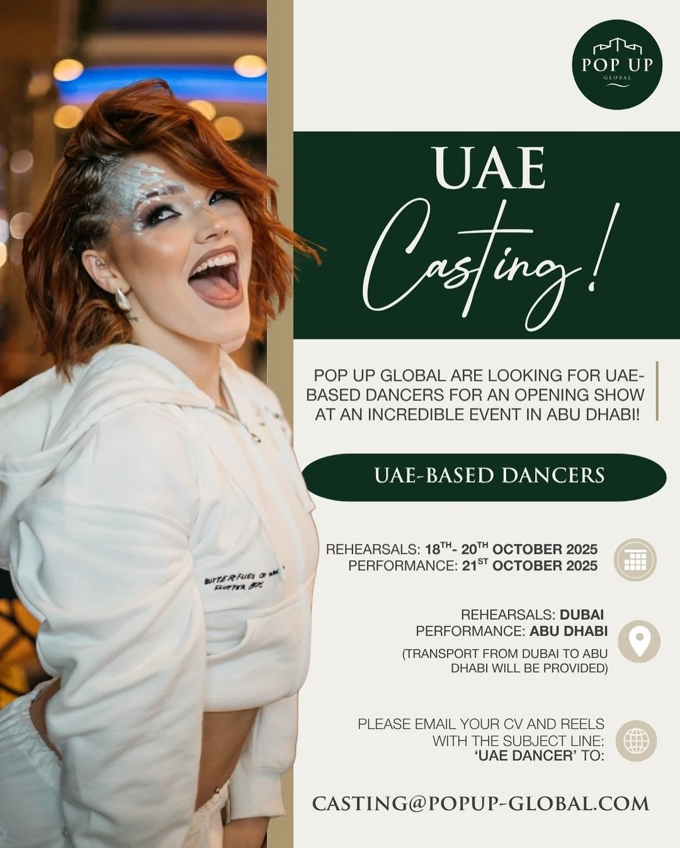 DANCERS WANTED! 💃

We&rsquo;re looking for talented dancers (UAE-based) for the opening show of a huge live event coming up this month! 🌟.

📍 Rehearsals: 18th &ndash; 20th October 2025 (Dubai &ndash; studio TBC)
🎭 Performance: 21st October 2025 (