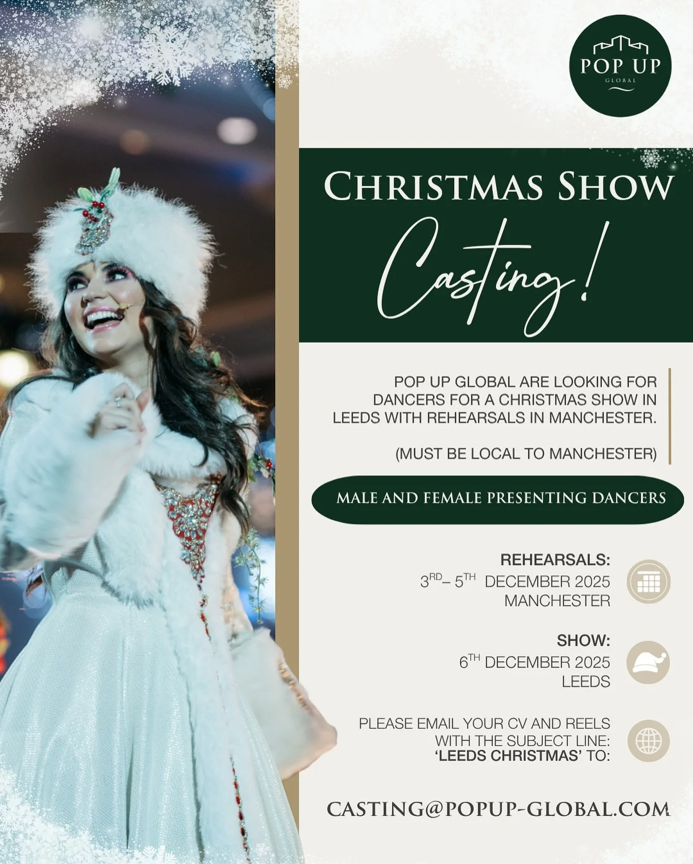 CASTING MALE &amp; FEMALE DANCERS 🎄✨

We&rsquo;re casting dancers for a magical Christmas show with rehearsals in Manchester and a daytime performance in Leeds! 🌟

📍 Rehearsals: 3rd, 4th &amp; 5th December
🎭 Show: 6th December (daytime)
📌 Locati
