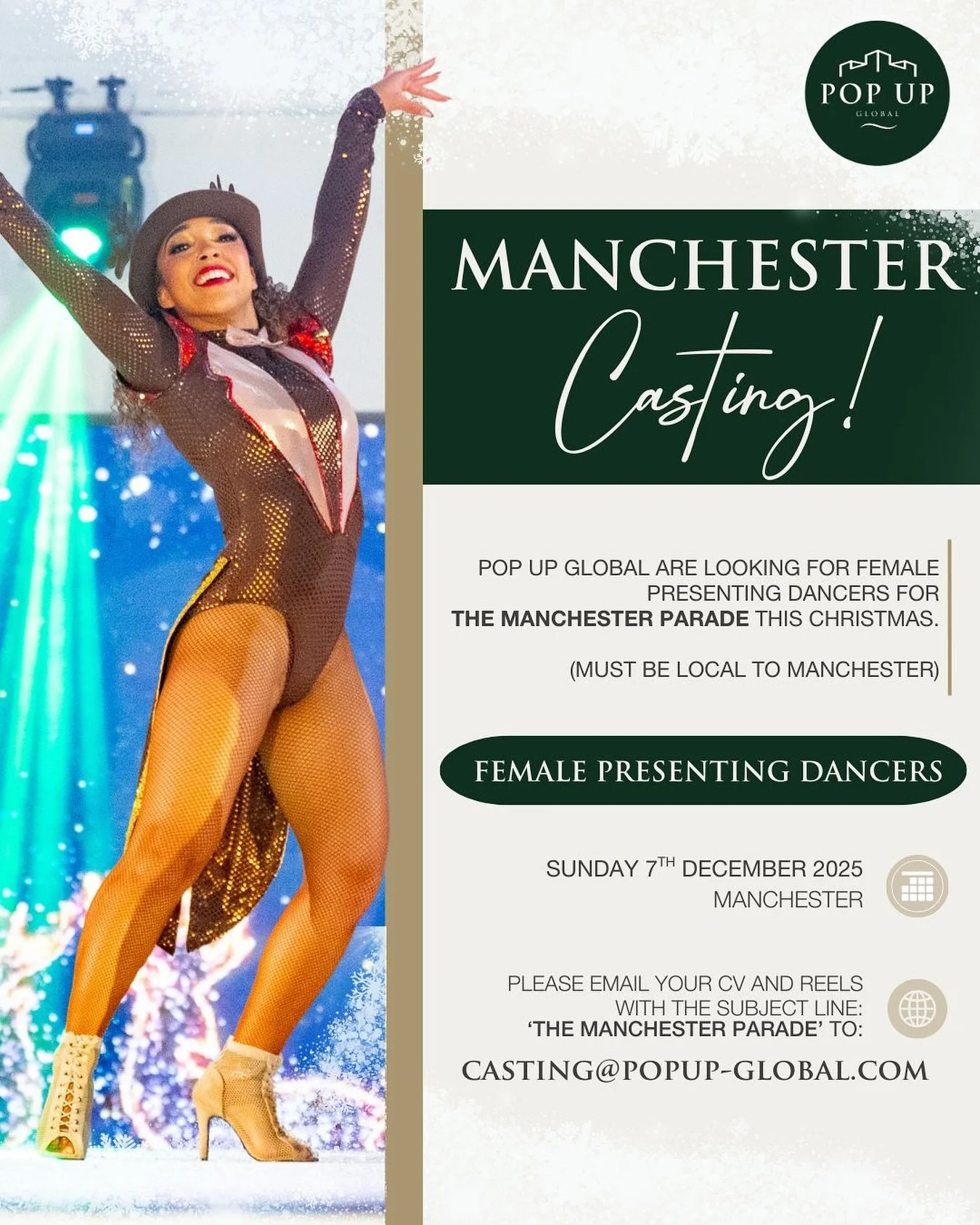 CASTING FEMALE DANCERS 💫✨

We&rsquo;re casting female dancers to lead and perform in The Manchester Parade this Christmas! 

📍 Event Date: 7th December
📌 Location: Manchester
🚫 Must be local to Manchester (no travel or accommodation provided)

To