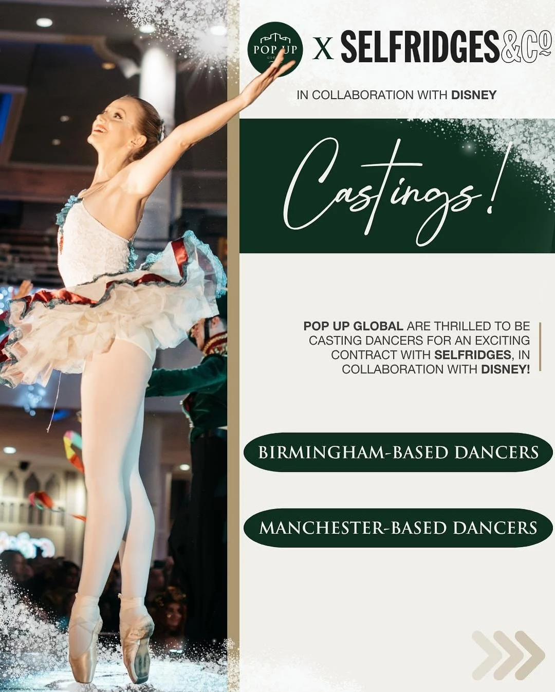 POP UP GLOBAL x SELFRIDGES 
 
Pop Up Global are thrilled to be casting dancers for an exciting contract with @theofficialselfridges &hellip;in collaboration with Disney!!!
 
We are looking for incredible dancers to help bring the magic to Selfridges 
