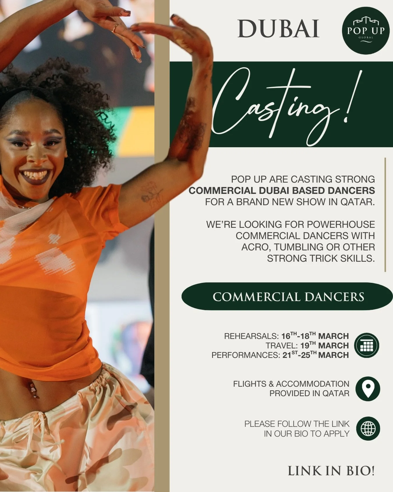 DUBAI CASTING!!!

We&rsquo;re looking for powerhouse commercial dancers with strong tumbling, acro and trick ability for a brand new show. 🔥

Rehearsals: 16th to 18th March
Travel: 19th March
Performances: 21st to 25th March
(Must be available for a