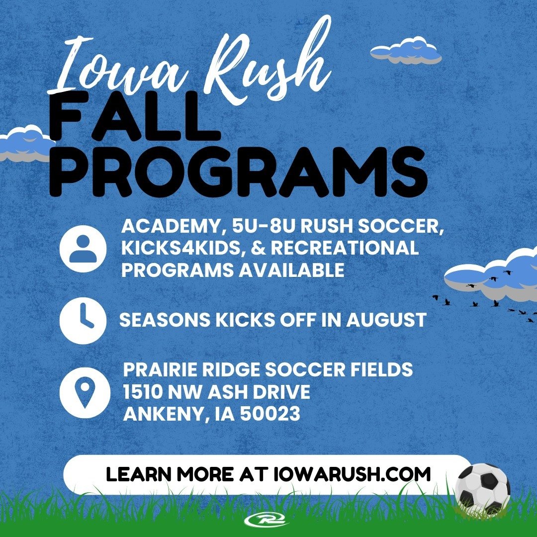 Registration for our fall programs is now open!!

Sign up now for the fall sessions of our Kicks4Kids, 5U-8U Rush Soccer, Academy, &amp; Recreational Soccer programs &amp; join in all the fun!

Learn more by clicking the link in our bio