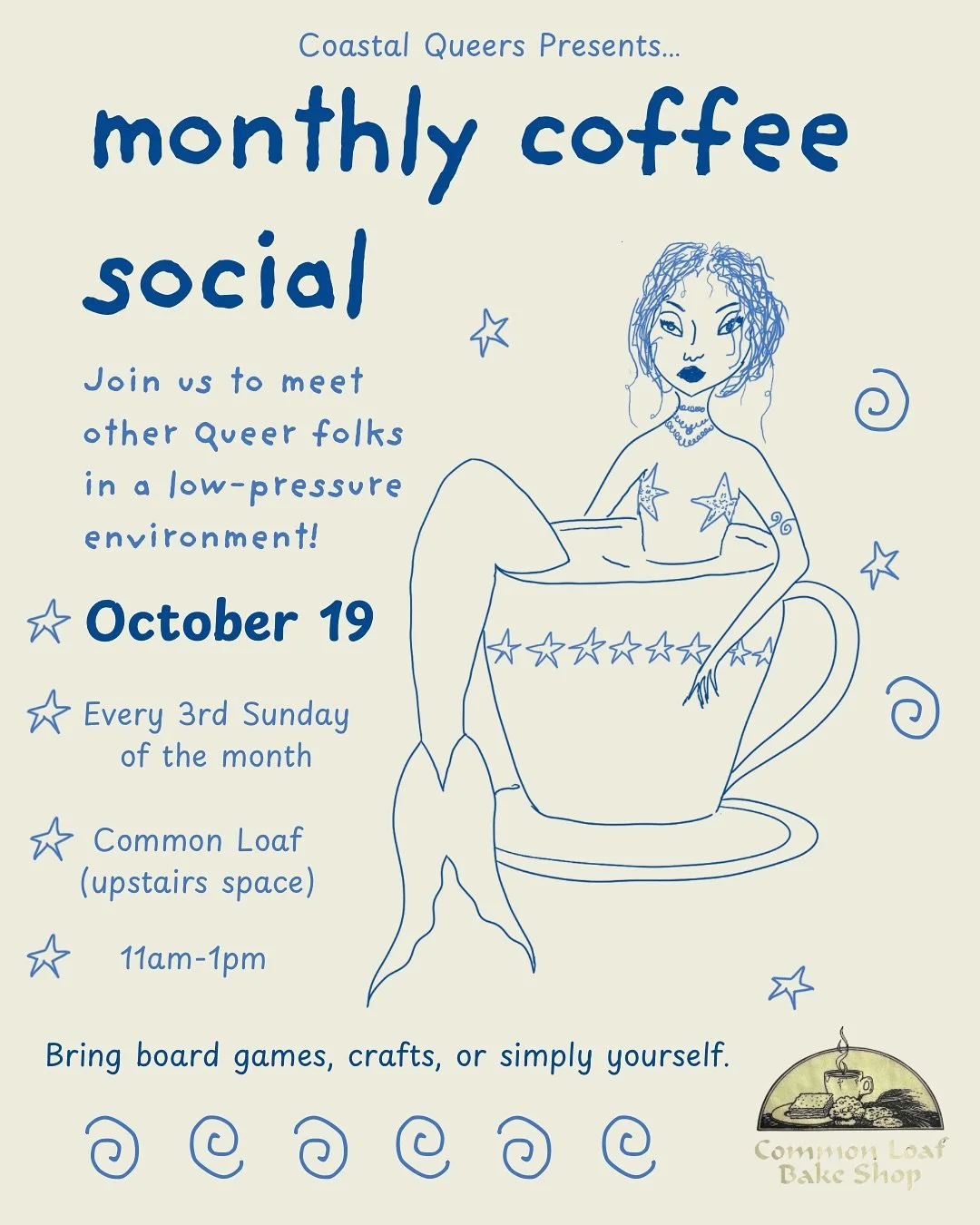 Come join us for a cozy hang at Common Loaf next Sunday! ☕️ 

Join us in a low-pressure environment to meet other Queer folks in town with some coffee, games, crafts or simply yourself! 💙

🗓️ Sunday, October 19
🕚 11-1pm 
📍Common Loaf Bake Shop