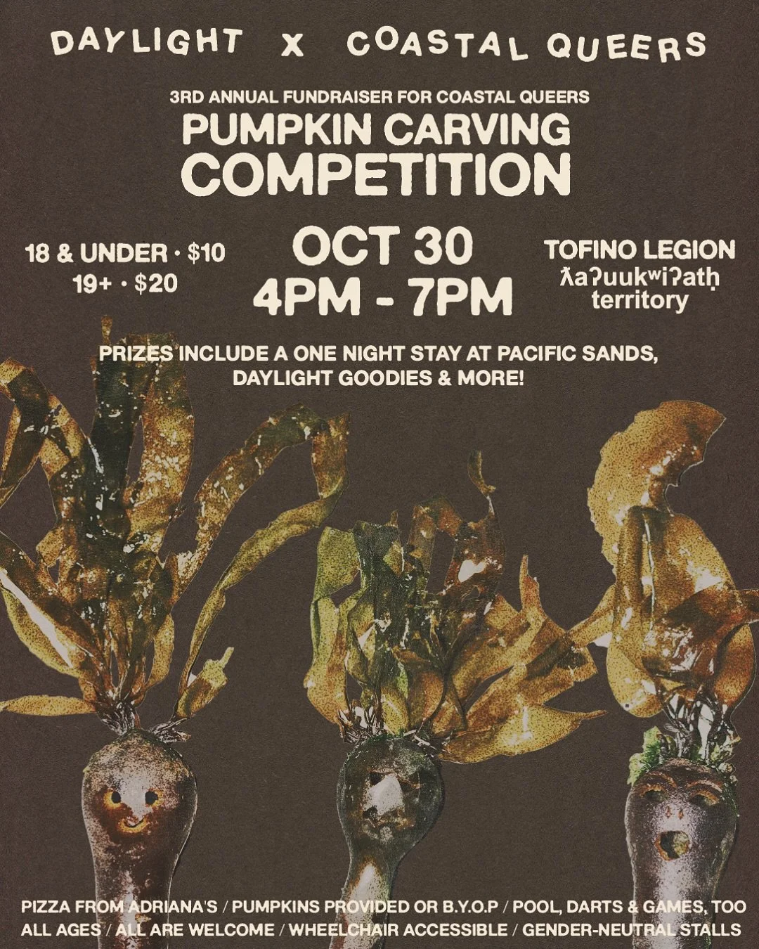 COASTAL QUEERS X DAYLIGHT PRESENTS: Our 3rd Annual Pumpkin Carving (And Decorating) Contest
We’re back to present you with an evening of spooky fun - our all-ages pumpkin carving fundraiser! We’ve got pumpkins, pizza, pool, darts, non-al
