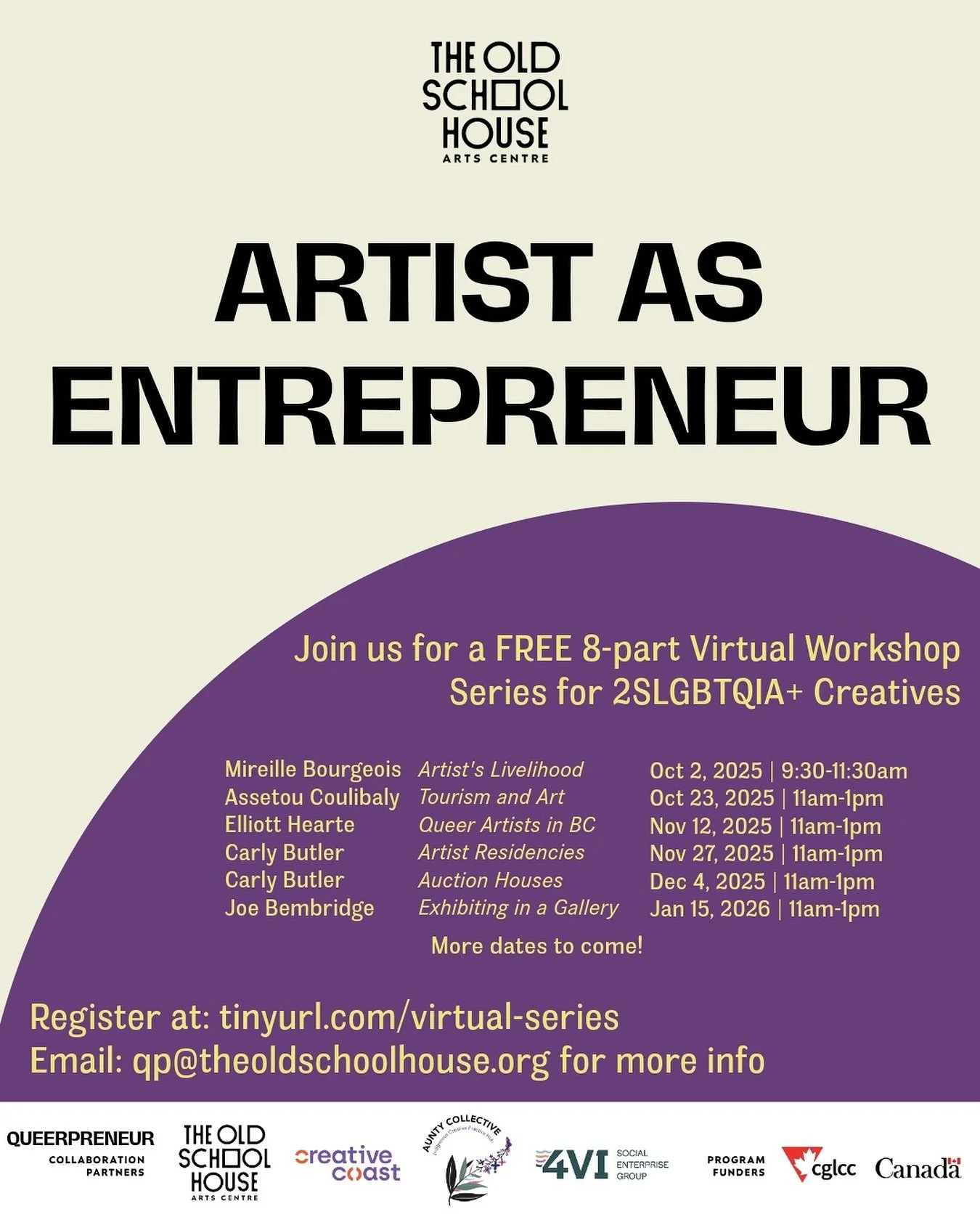 The Old School House is hosting an 8 part web series for Queer artists. Through dynamic talks, engaging conversations, and networking opportunities, this series is designed to help queer creatives build sustainable practices and thrive.
Expert artis