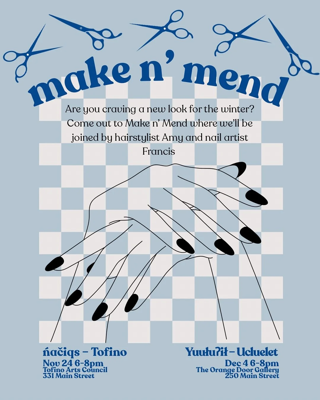 *THIS IS A CLOSED EVENT* 

Join us for our LAST make n&rsquo; mends of 2025 to spruce up in time for the holidays!🪮💅

Local hairstylist Amy will show you all the DIY hairstyling tips for mullets, shags, and bangs, and nail artist Francis will be th