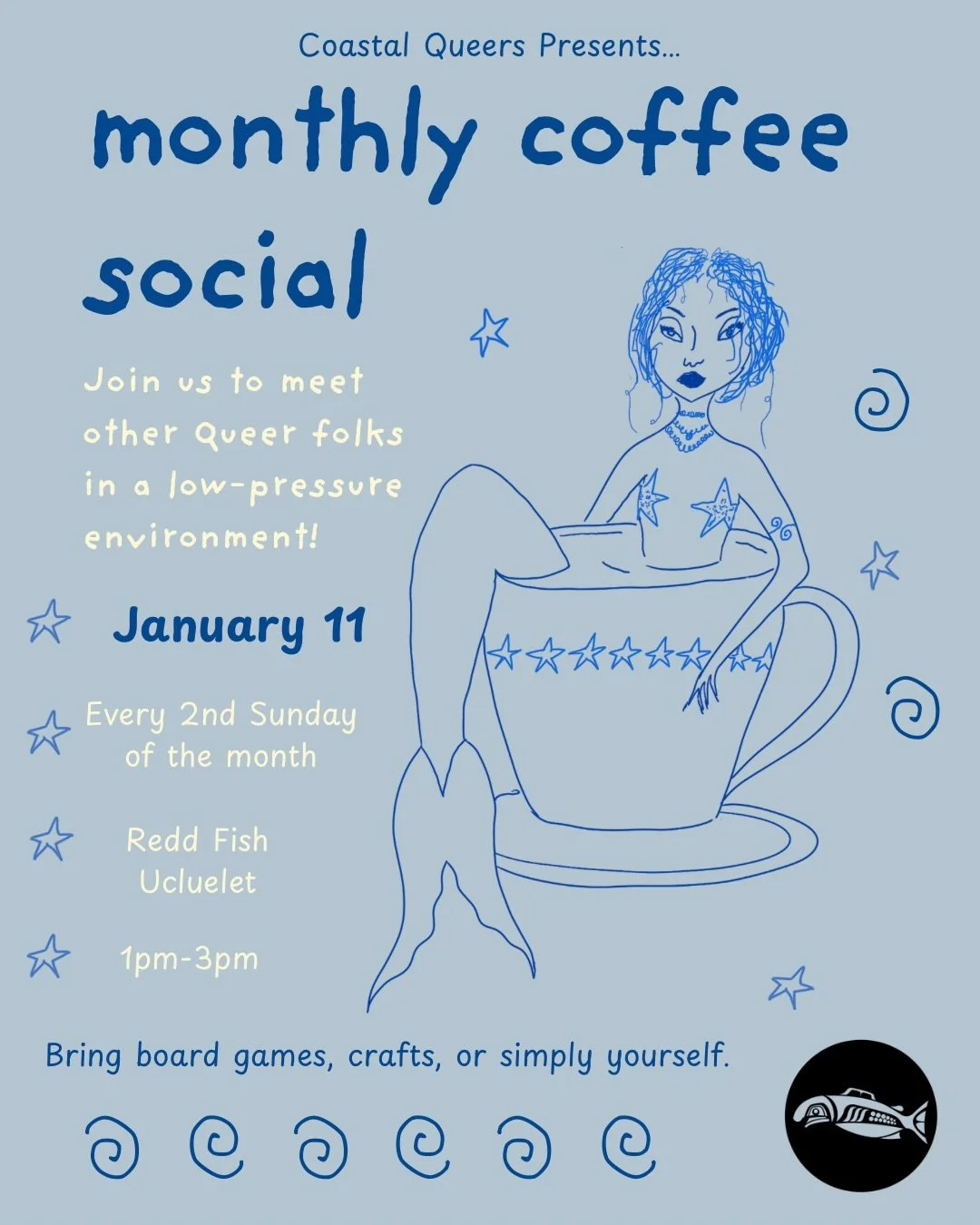 You asked, we listened ☕️ Coffee Social is coming to Ucluelet! Same good vibes as Tofino, just another spot to gather.

Join us in a low-pressure environment to meet other Queer folks in town with some coffee, games, crafts or simply yourself!

🗓️Su