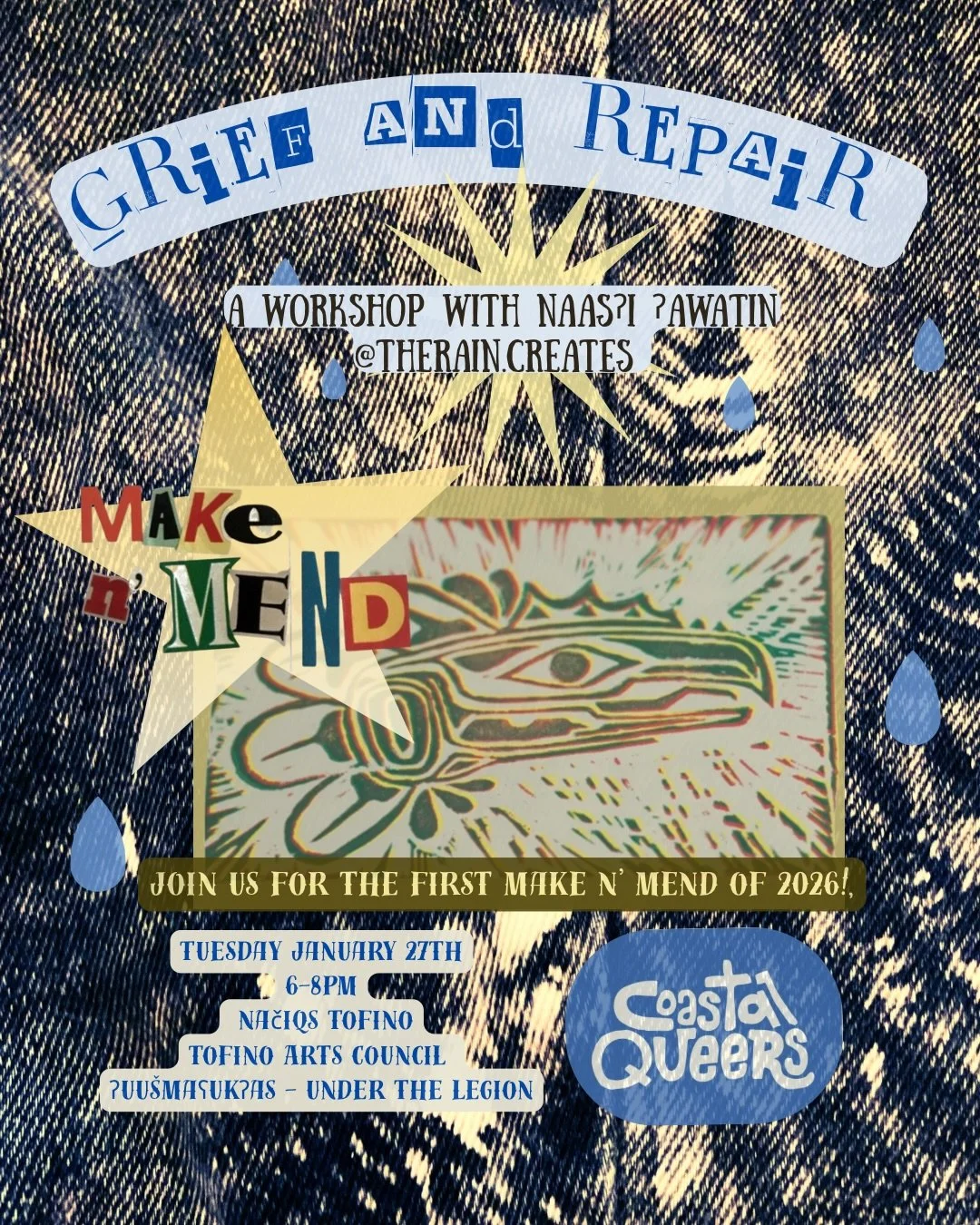 We are back with our first Make n Mend of 2026 and revisiting our very first topic; Grief and Repair ❤️&zwj;🩹🪡

Join us for an evening of patchwork and conversation about mending ourselves back together with Naas?i!

All attendees will be provided 