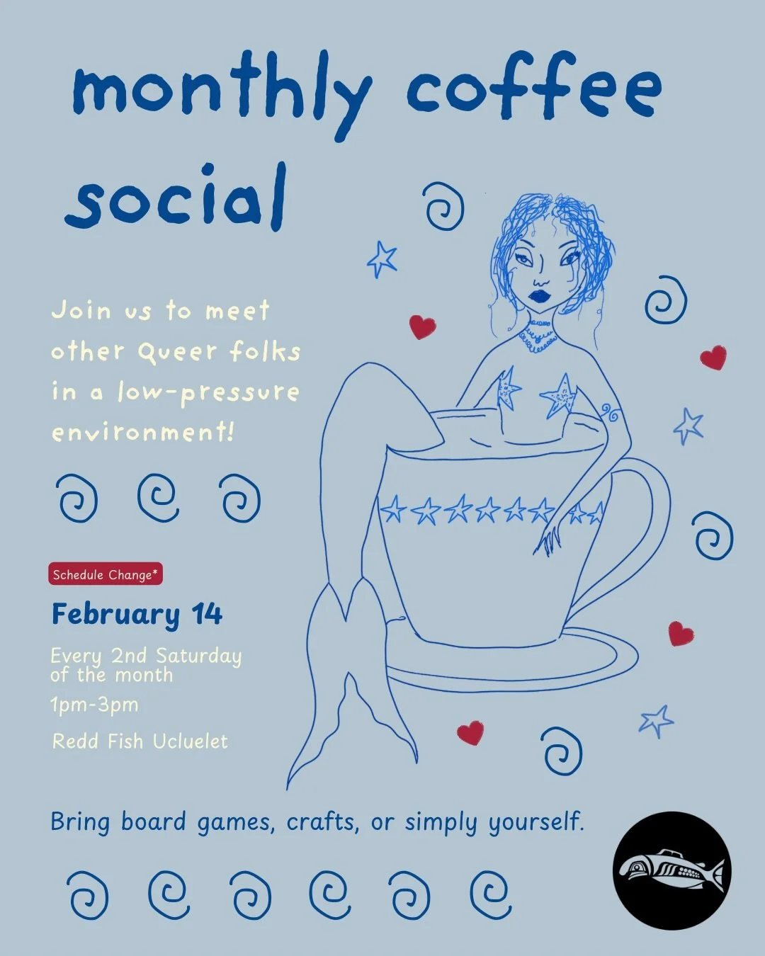 Come join us on the day of love at Redd Fish for a cozy afternoon! Whether you show up with a loved one, loved friends or the queer love inside of you, we hope to see you there &hearts;️☕️

Note: Coffee Social Ukee will be held on the second Saturday