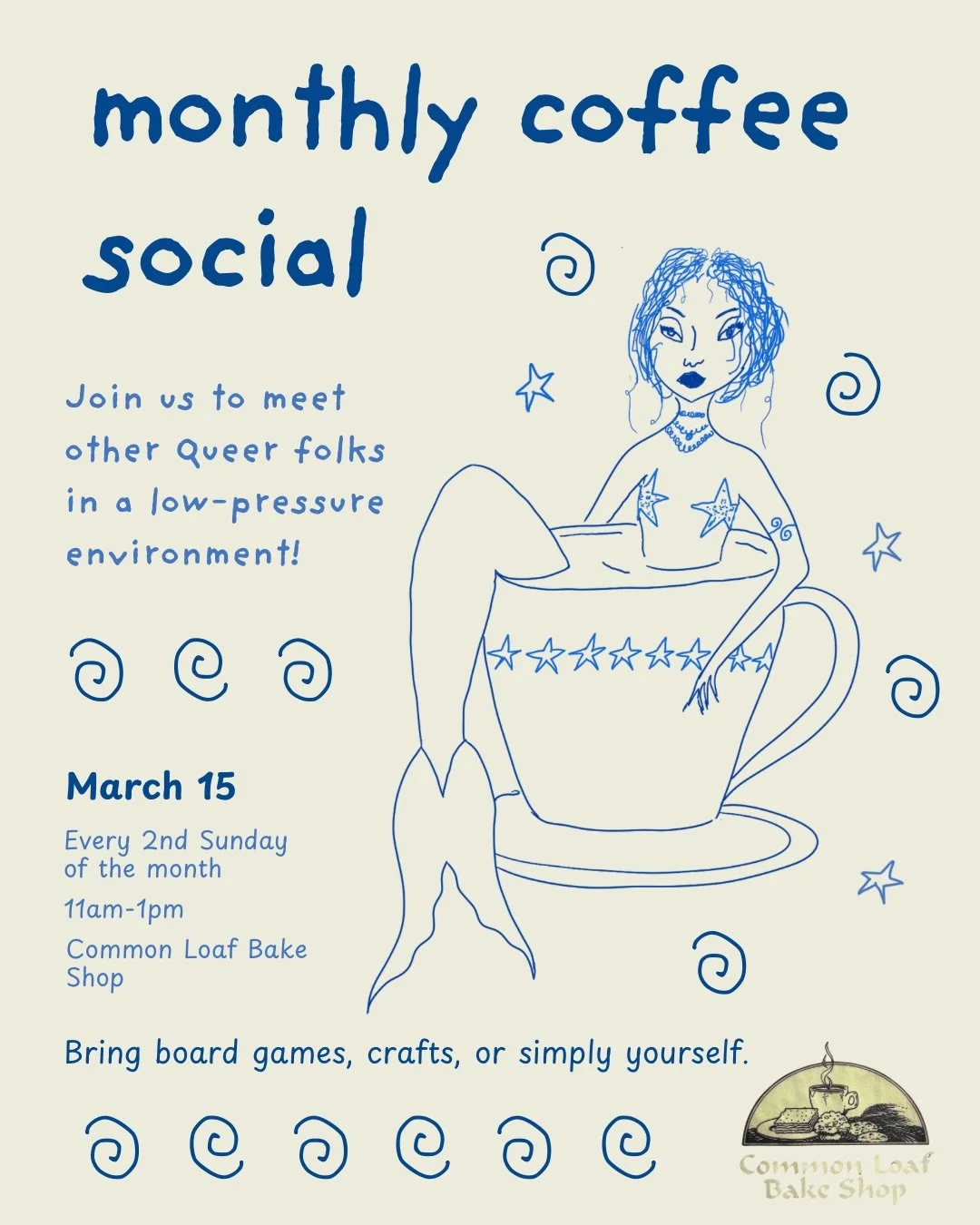 Join us next Sunday for our monthly coffee social at Common Loaf Bakeshop for a cozy afternoon with the queers!

Bring a craft, game, or simply yourself 🌀

🗓️ Sunday, March 15
🕐 11am-1pm
📍Common Loaf Bake Shop
180 First Street, Tofino