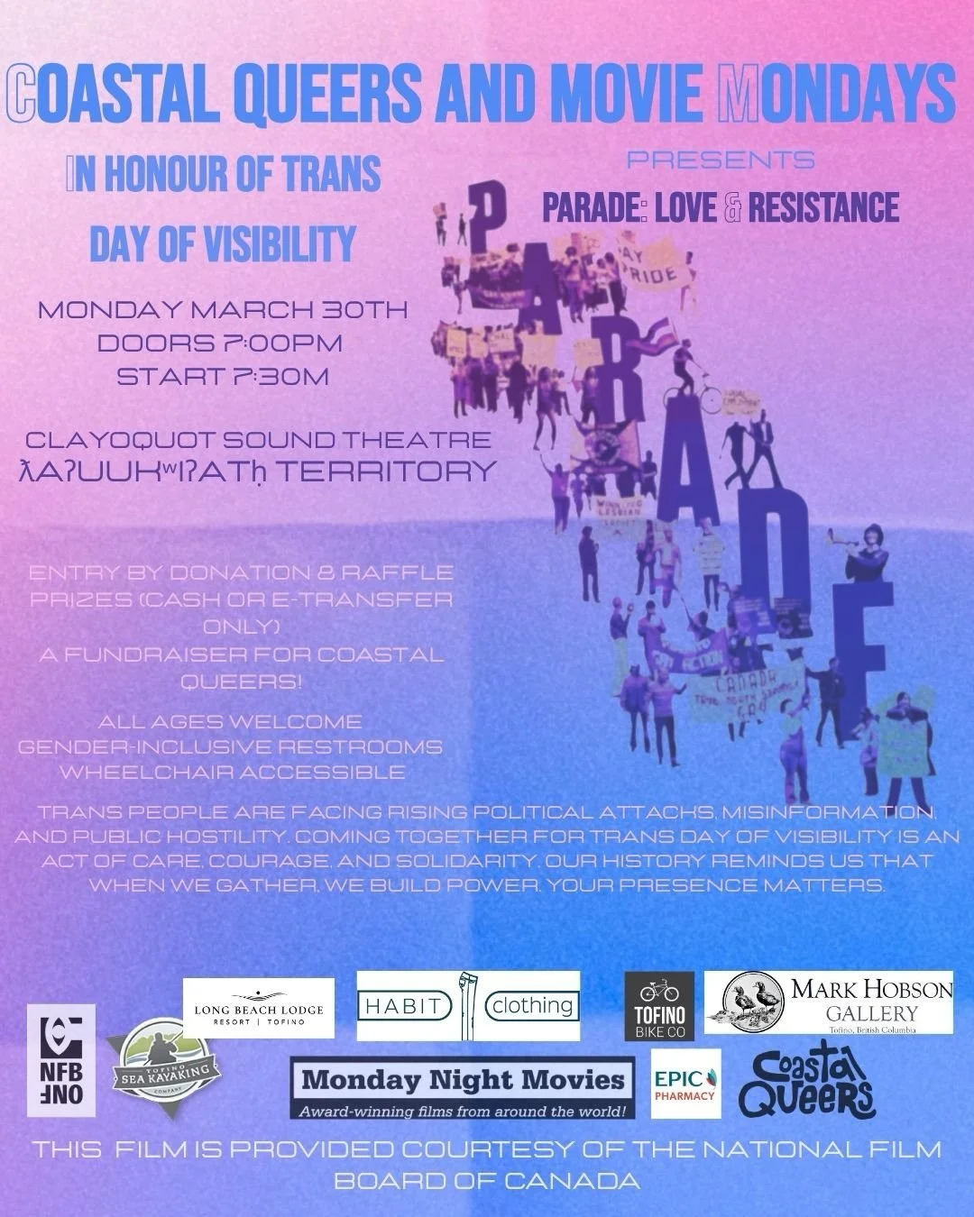 Celebrate, honour, and show up for Trans Day of Visibility (a day early!) by joining us for a special screening of 𝙋𝙖𝙧𝙖𝙙𝙚: 𝙌𝙪𝙚𝙚𝙧 𝘼𝙘𝙩𝙨 𝙤𝙛 𝙇𝙤𝙫𝙚 𝙖𝙣𝙙 𝙍𝙚𝙨𝙞𝙨𝙩𝙖𝙣𝙘𝙚!

This award-winning documentary captures the pivotal momen