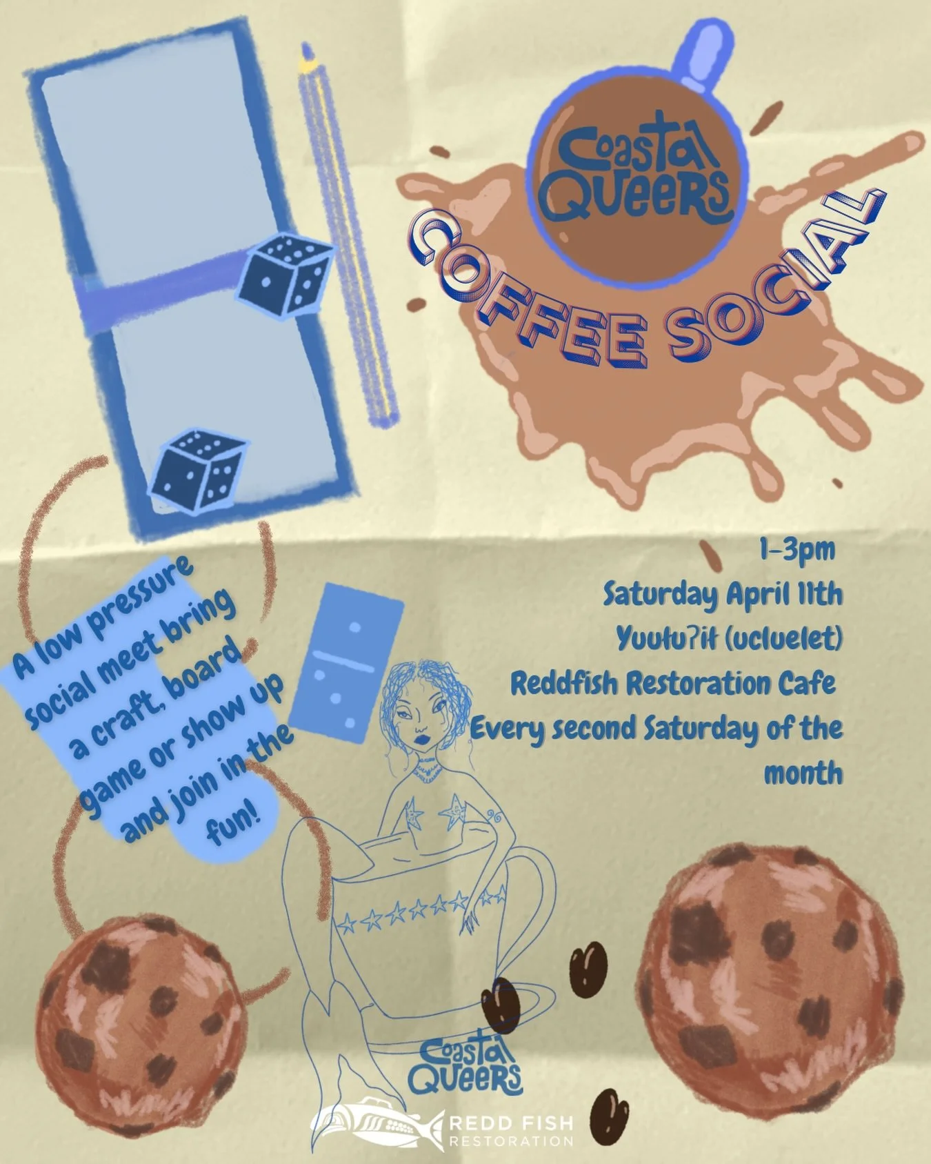 This Saturday at Redd Fish in Ukee! ☕️🐟

THIS IS AN OPEN EVENT
⬆️ Not sure what this means? Check our pinned post for more info.

Join us in a low-pressure environment to meet other Queer folks in town with some coffee, games, crafts or simply yours